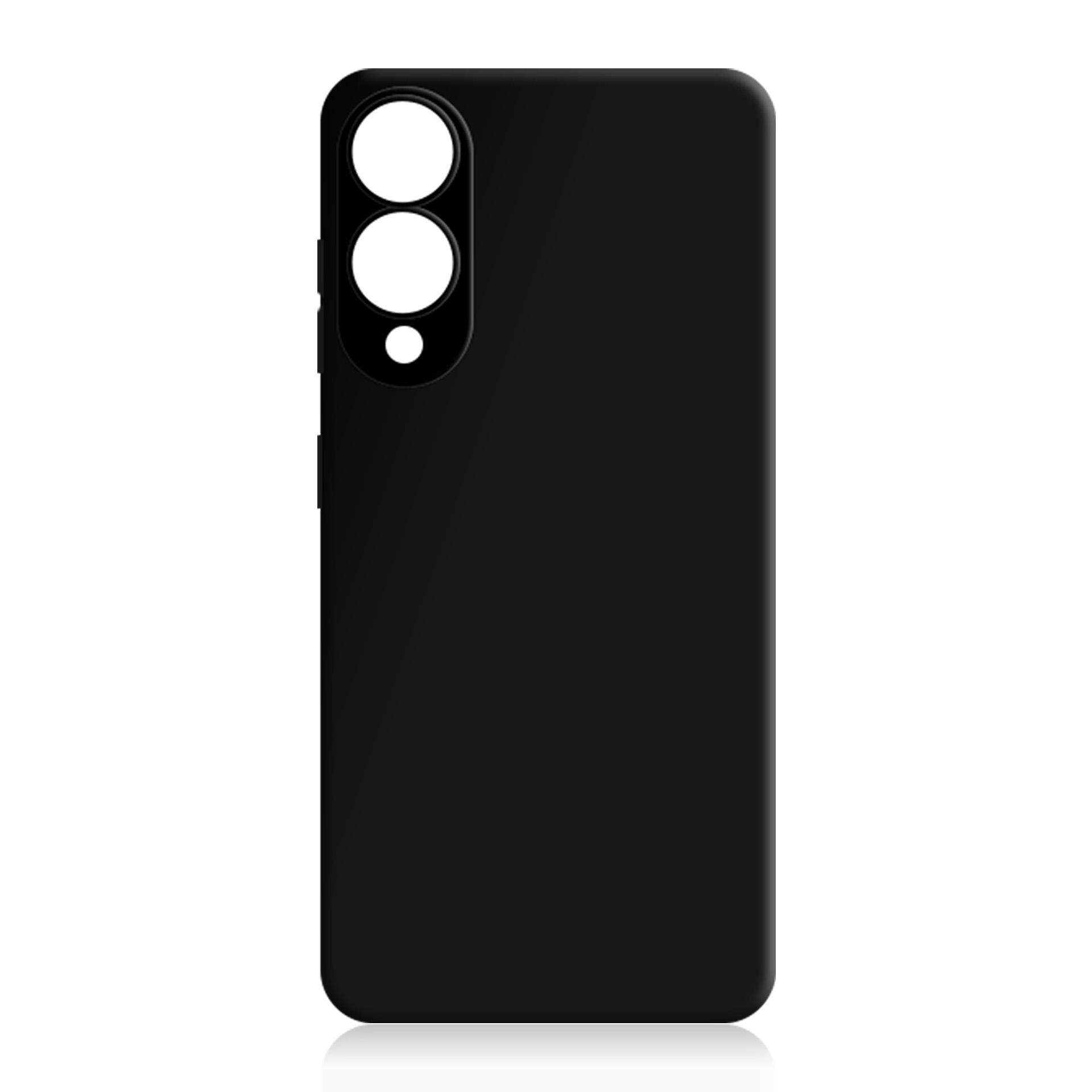 Czarne etui na telefon z wycięciami na aparat jest wyśrodkowane na białym tle.
