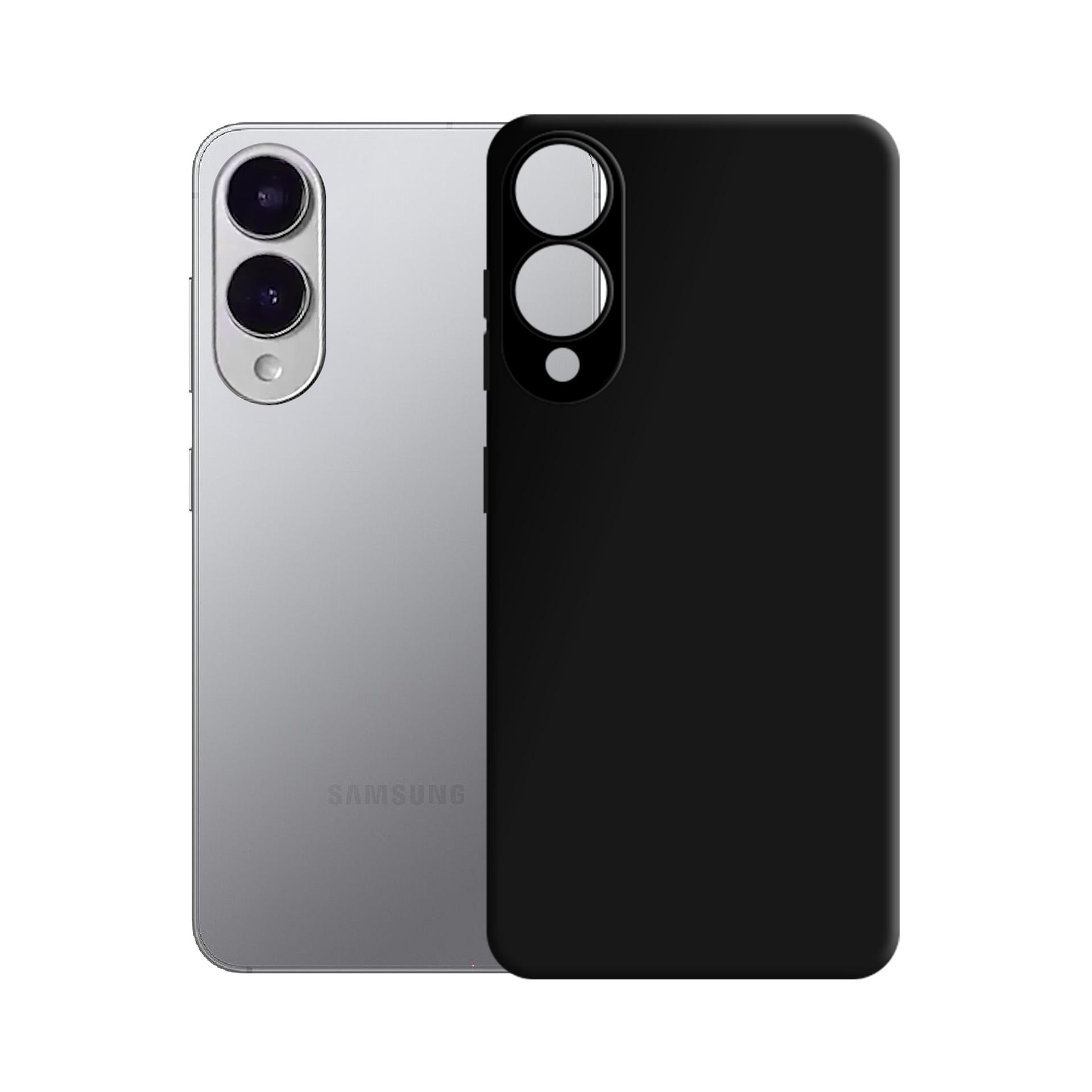 Telefon Samsung z czarnym etui z wycięciami na aparat na białym tle.