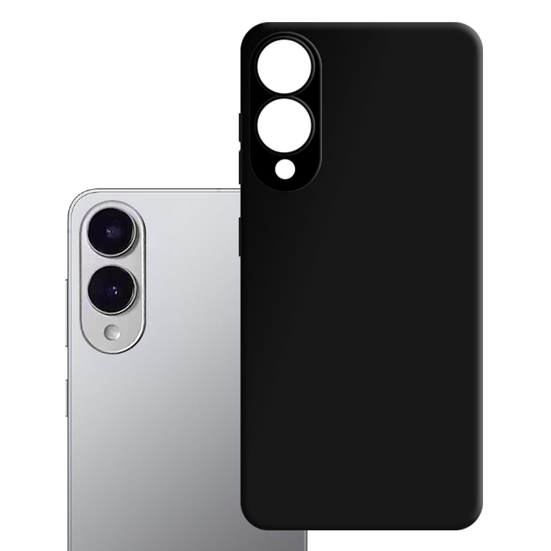 Telefon z czarnym etui z wycięciami na aparat na białym tle.