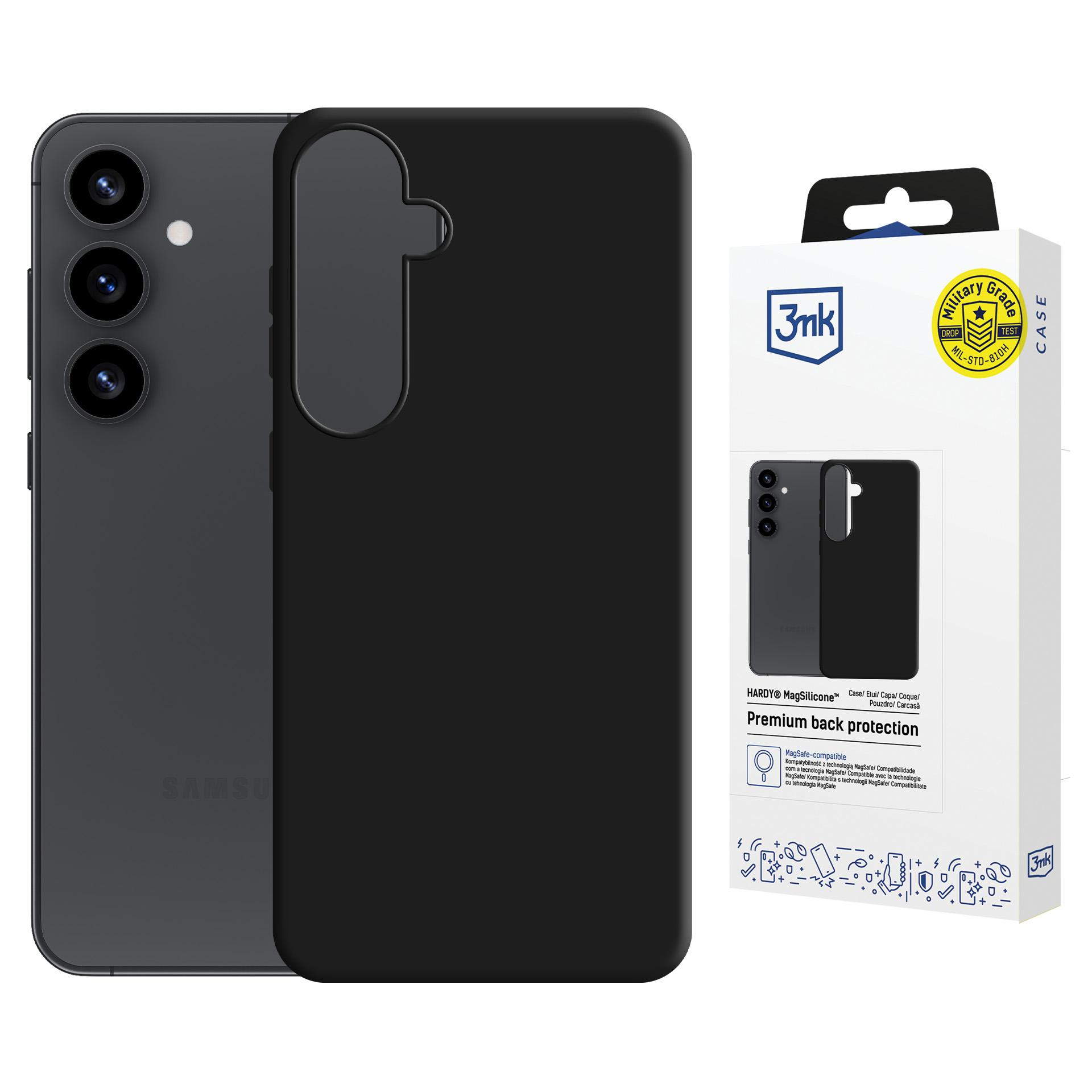 Telefon Samsung z czarnym etui i opakowaniem 3mk na białym tle.