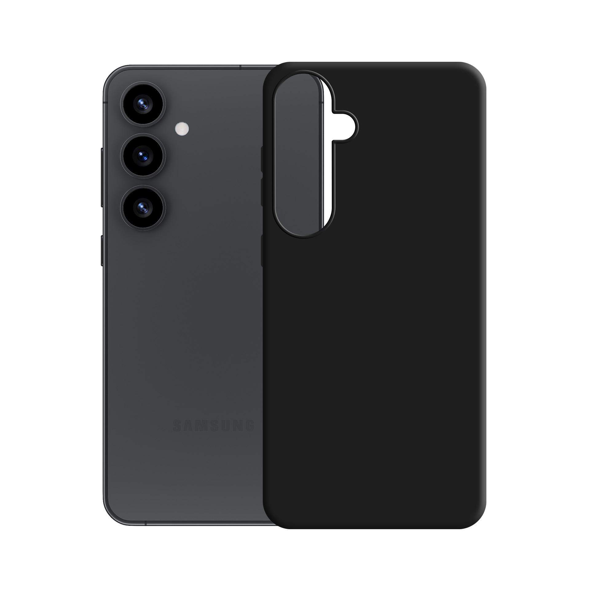 Szary telefon Samsung obok czarnego etui, prezentujący szczegóły aparatu i designu.