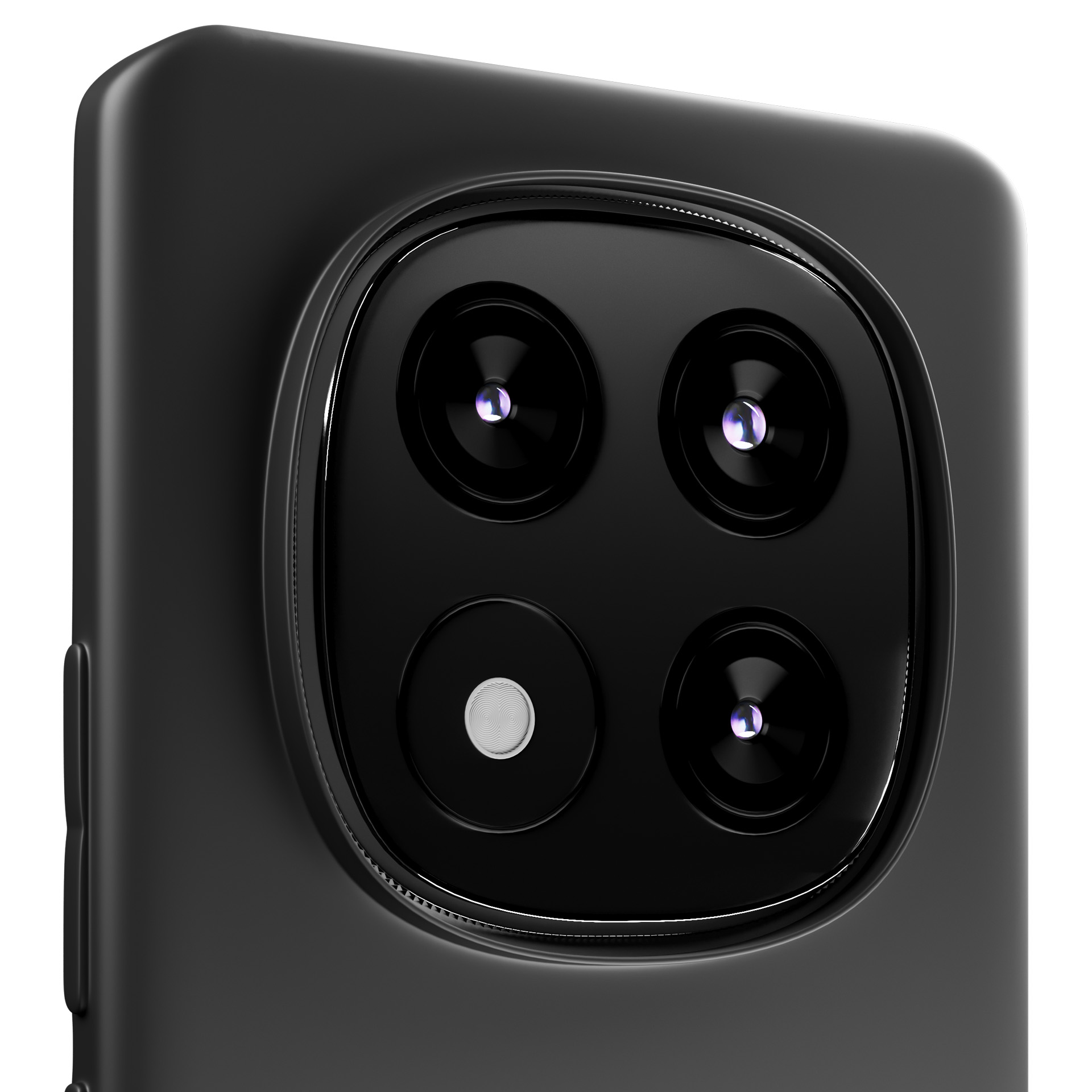 Zbliżenie na aparat czarnego telefonu z czterema obiektywami i lampą błyskową.