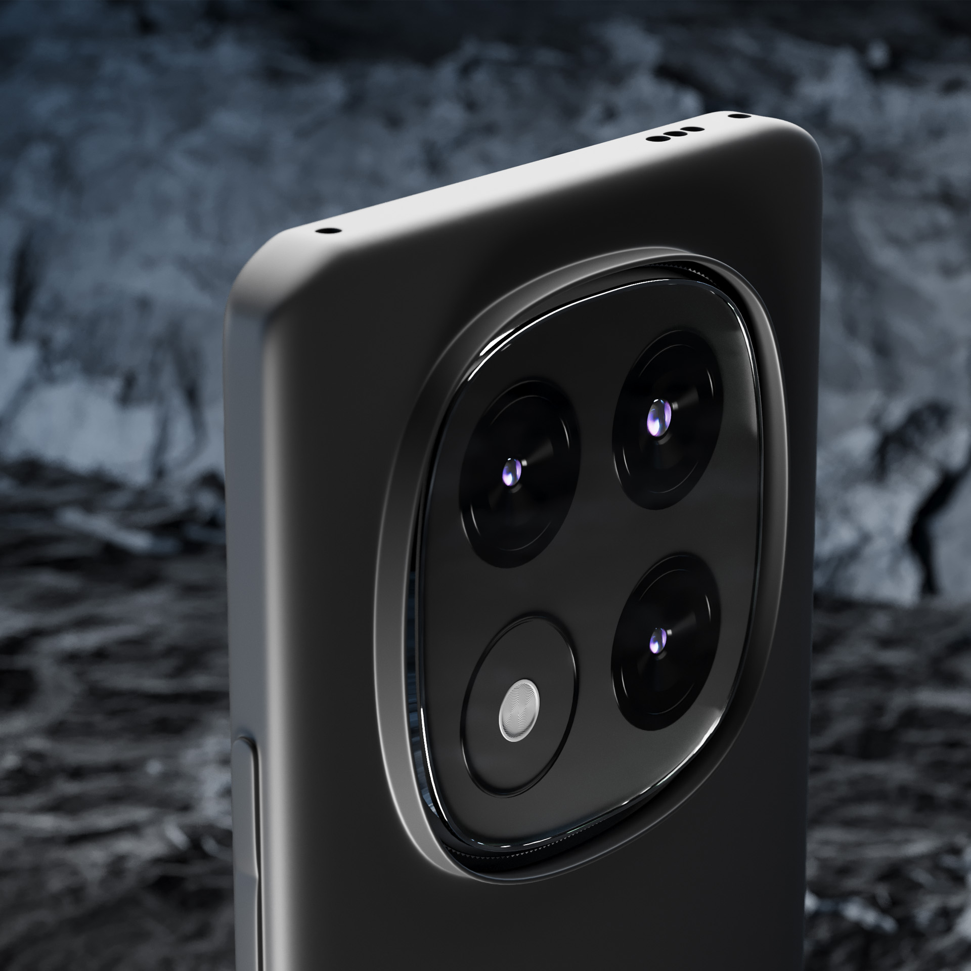 Zbliżenie na czarny telefon z poczwórnym aparatem na teksturowanym tle.