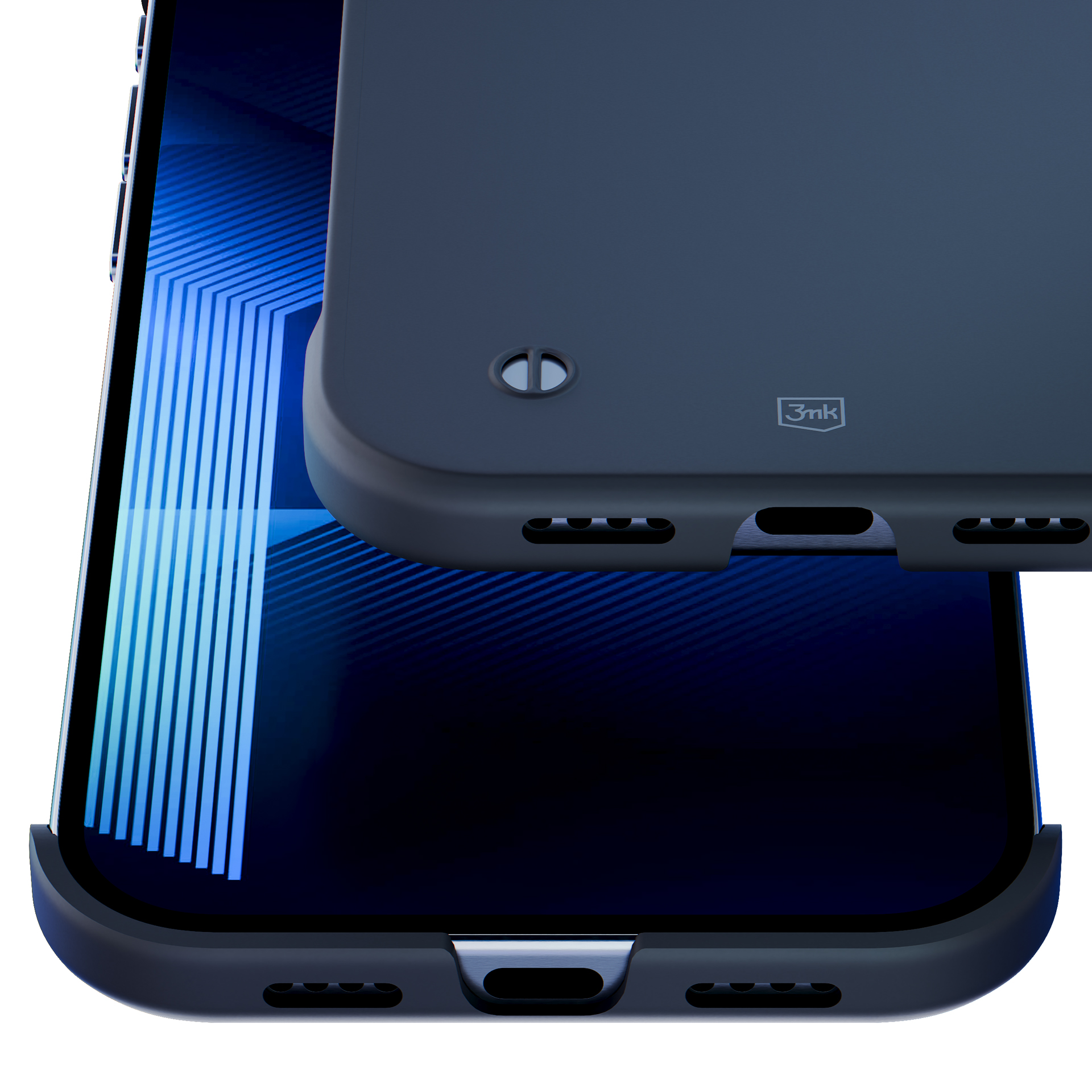 Zbliżenie na przezroczyste etui na telefon na telefonie z niebieskimi liniami na ekranie.