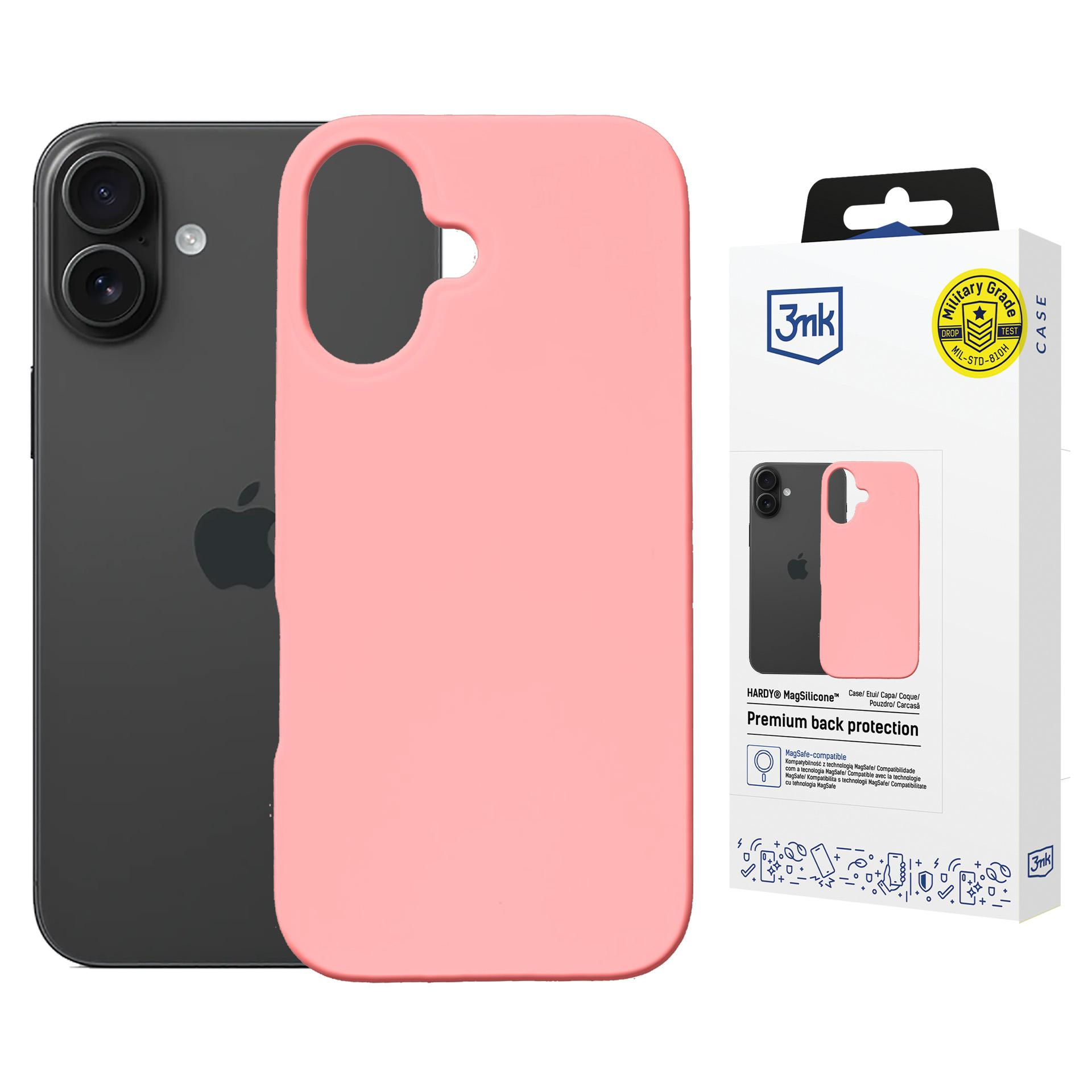 Zdjęcie szarego iPhone'a z różowym etui na telefon i opakowaniem detalicznym.