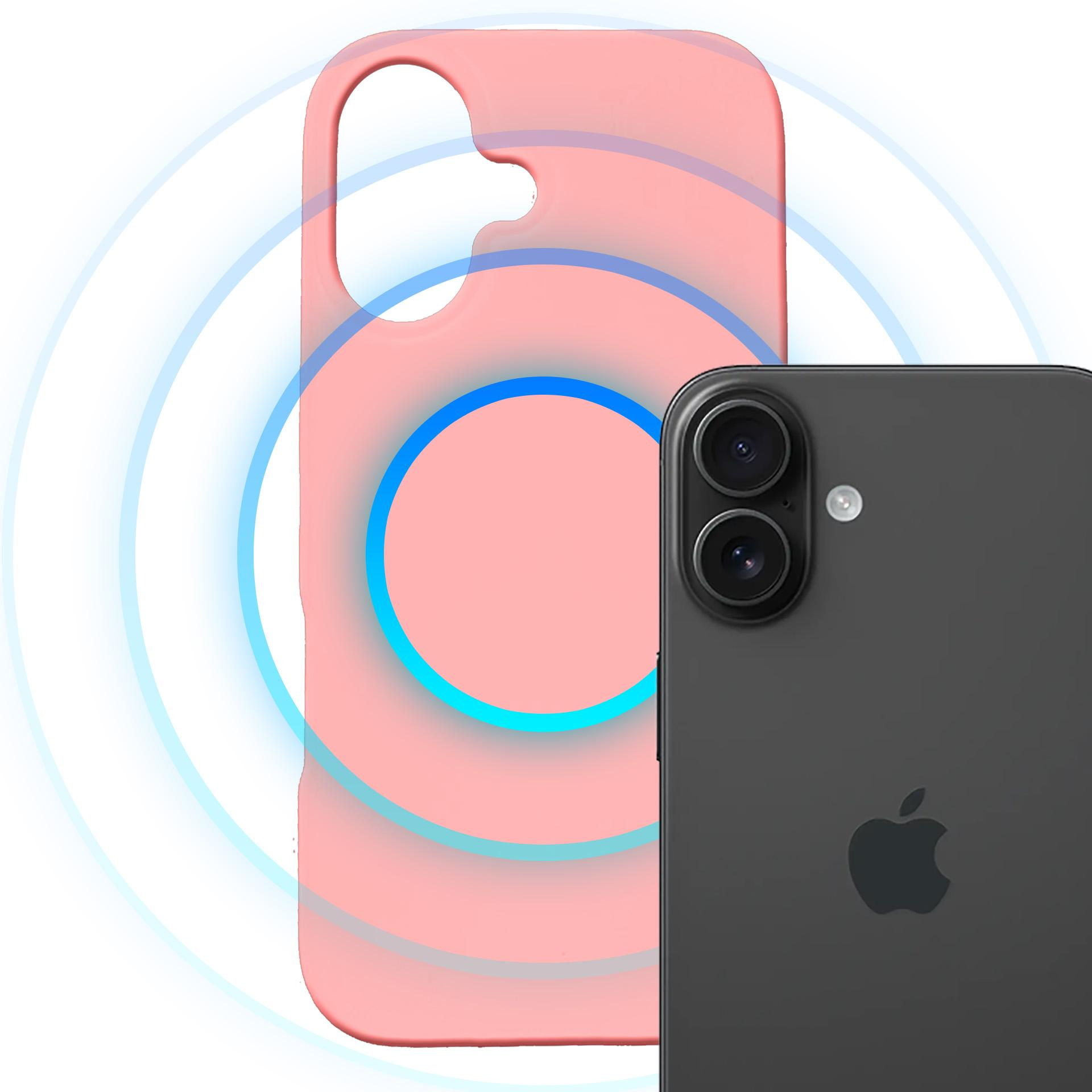 Zdjęcie szarego iPhone'a ładującego się bezprzewodowo z różowym etui MagSafe.