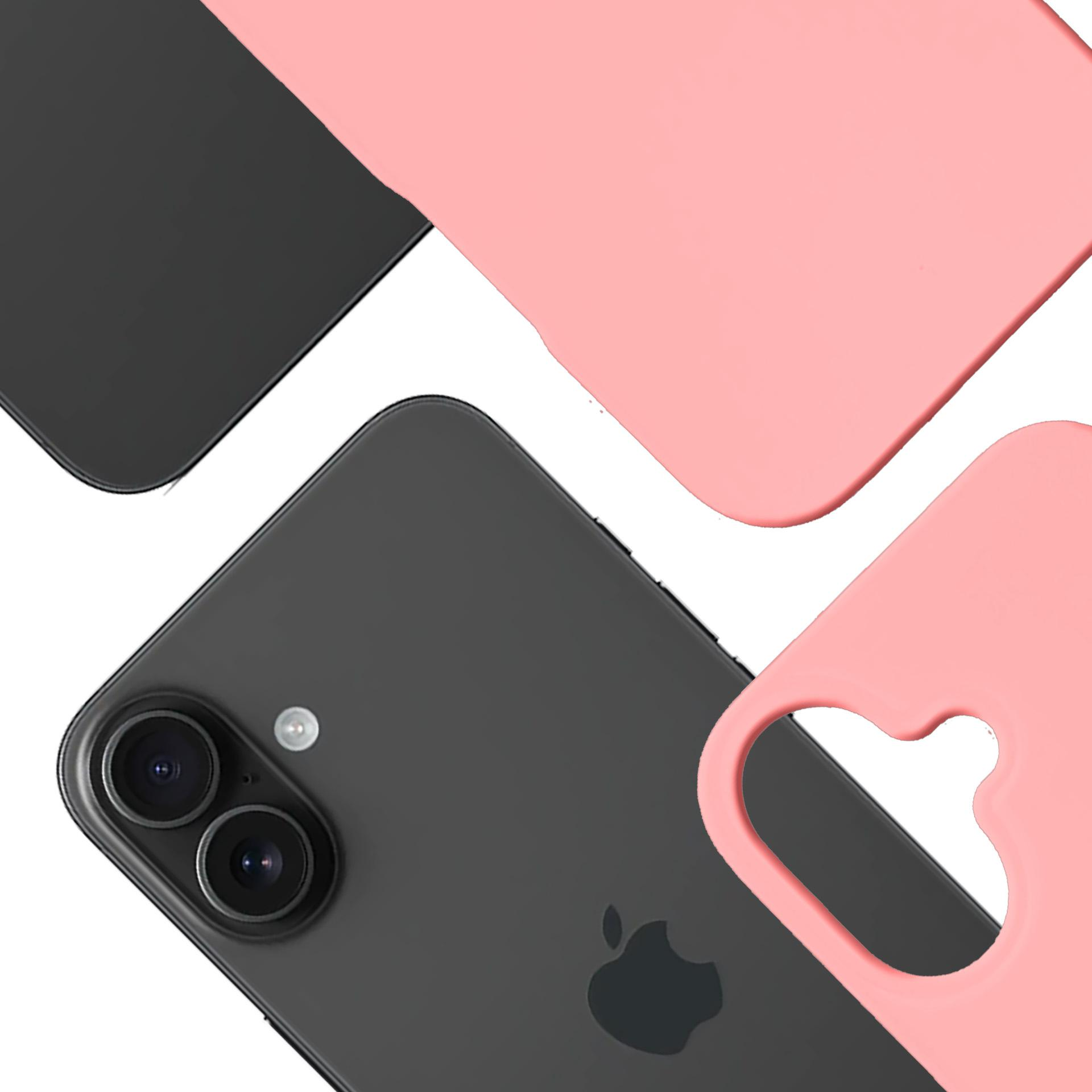 Zbliżenie na szarego iPhone'a z różowym etui na telefon na białym tle.