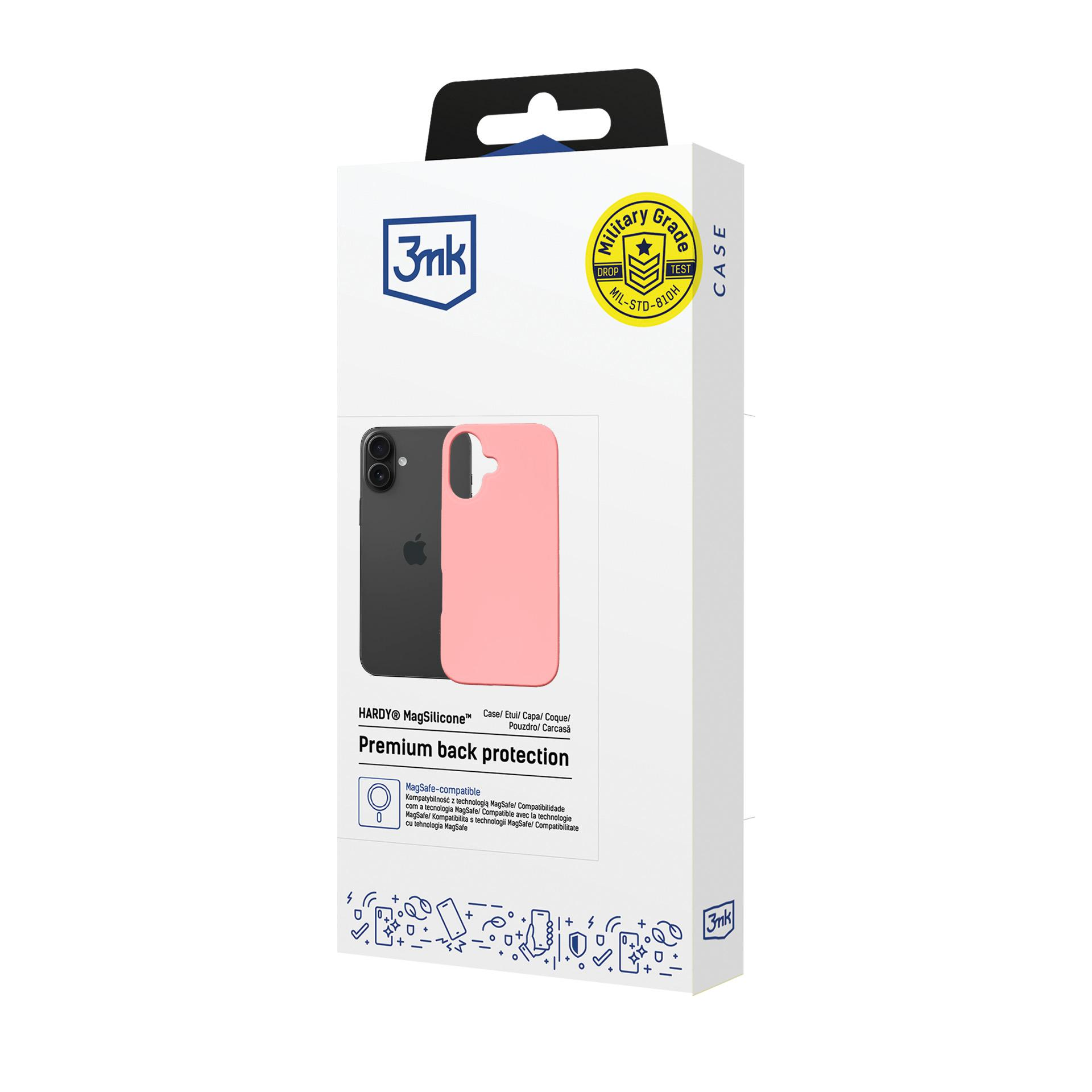 Zdjęcie szarego iPhone'a z różowym etui na telefon w opakowaniu detalicznym.
