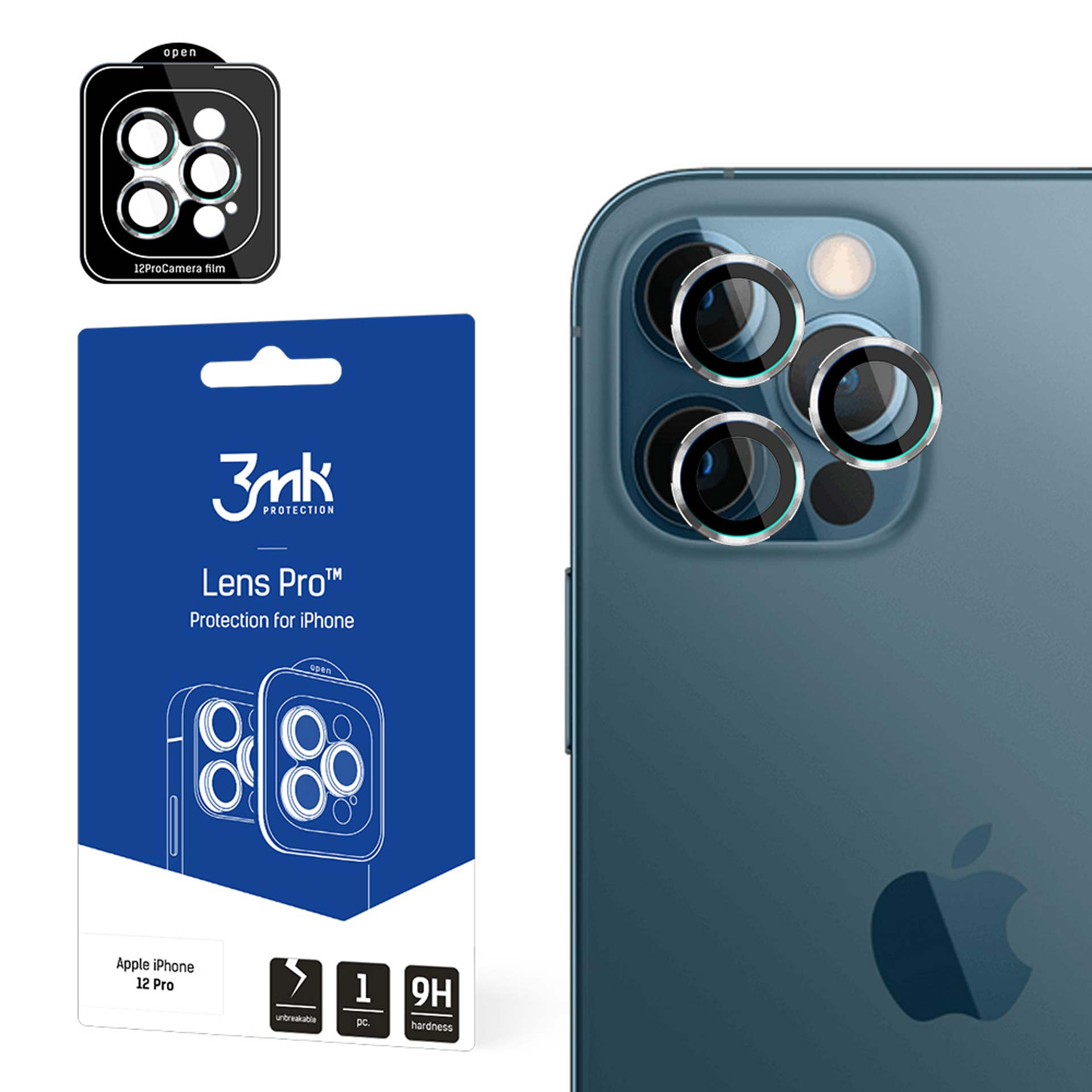 Immagine di un iPhone 12 Pro con protezioni per lenti e confezione.