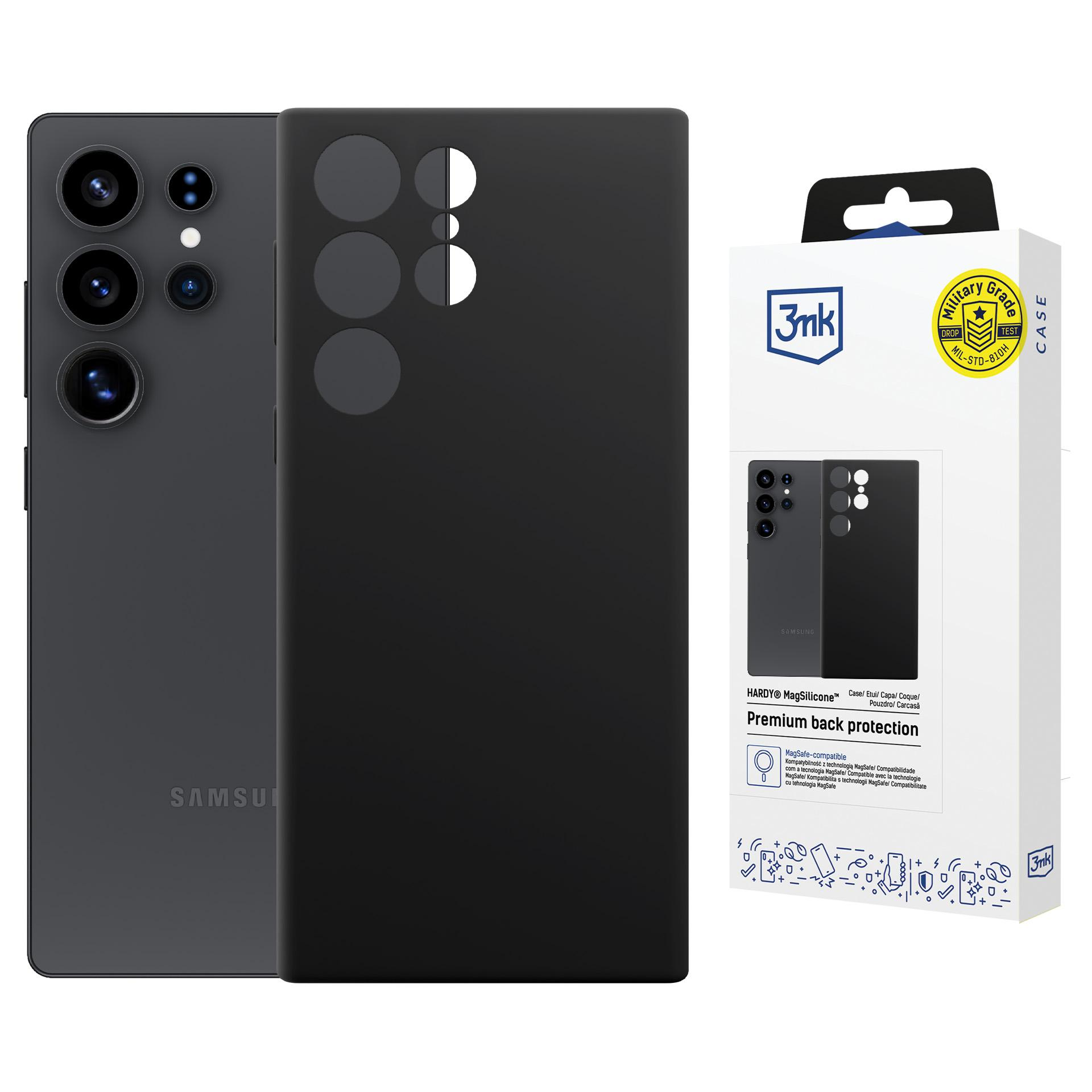 Telefon Samsung obok czarnego etui na telefon i opakowania produktu.