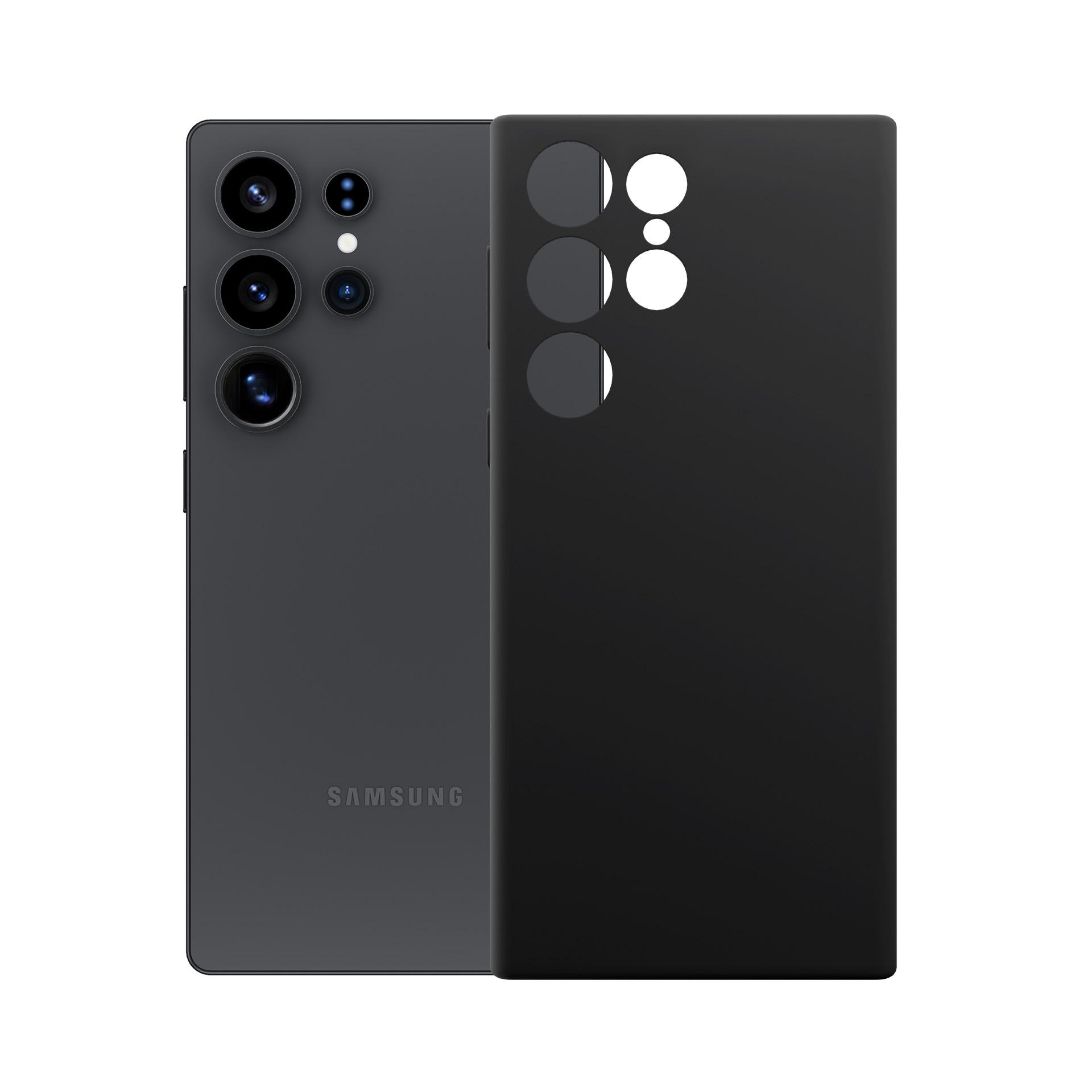 Telefon Samsung obok czarnego etui z okrągłymi wycięciami na aparaty.