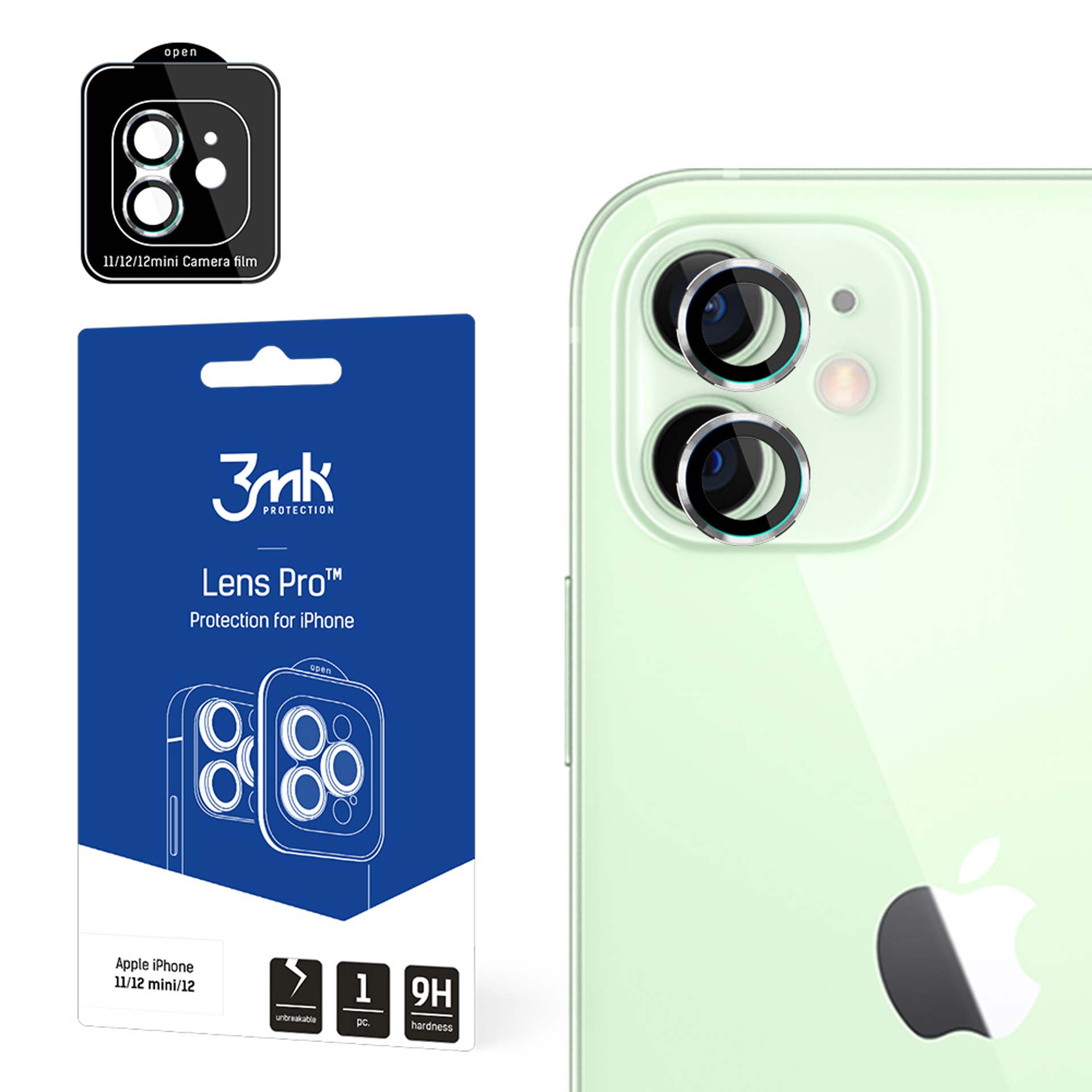 Protection d'objectif de caméra pour iPhone 11/12 à côté d'un emballage bleu.