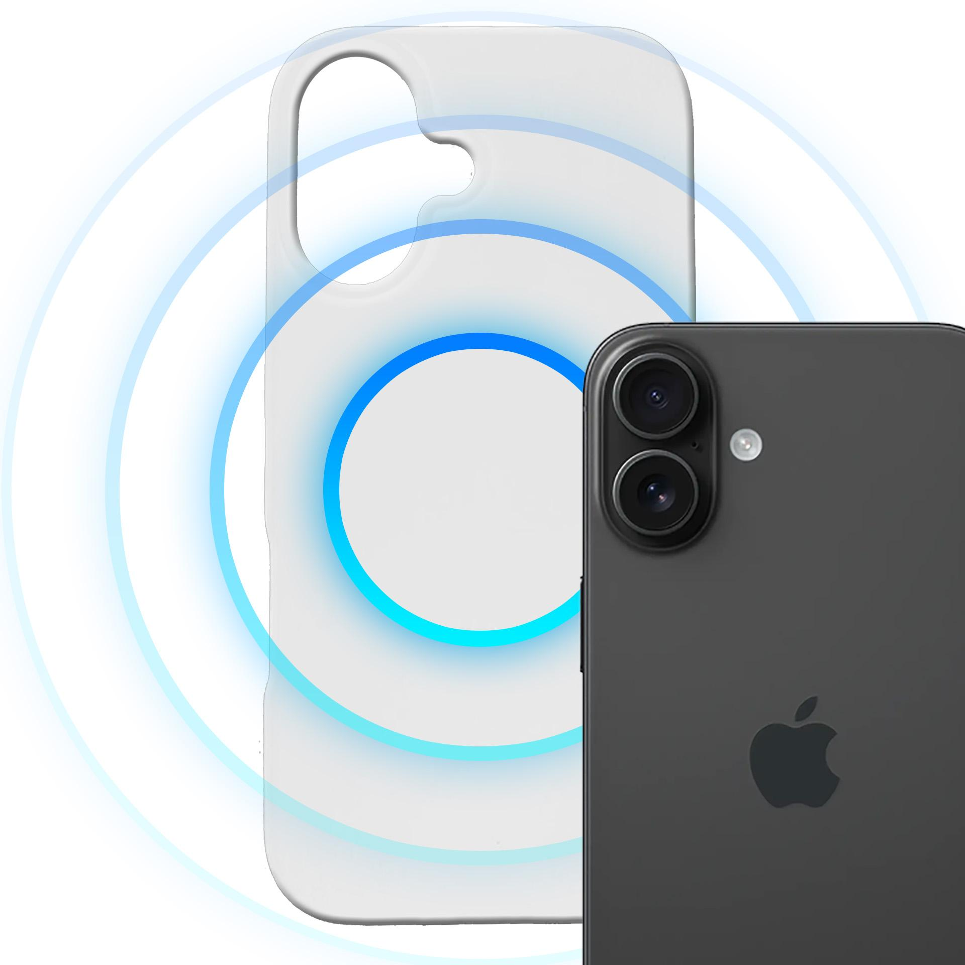 Białe etui na telefon z obsługą Magsafe obok czarnego iPhone'a 12.