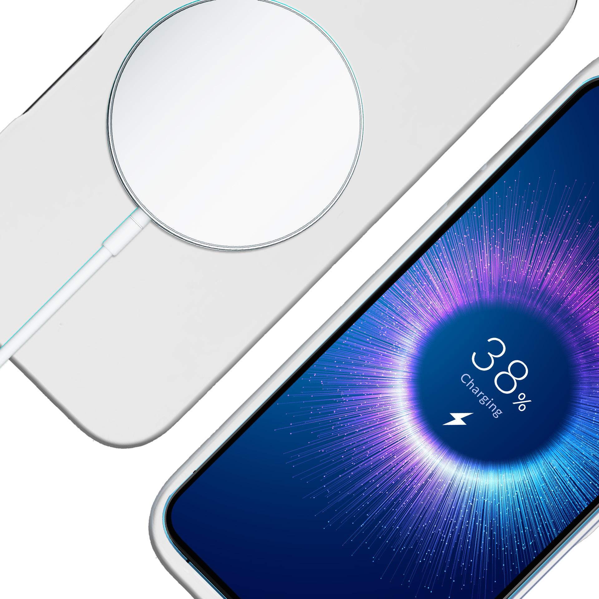 Telefon ładujący się bezprzewodowo na białej podkładce ładującej, wyświetlający 38%.