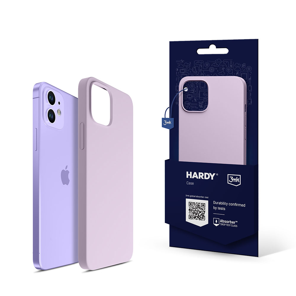Lawendowy telefon i etui obok opakowania. Etui jest oddzielnym elementem.