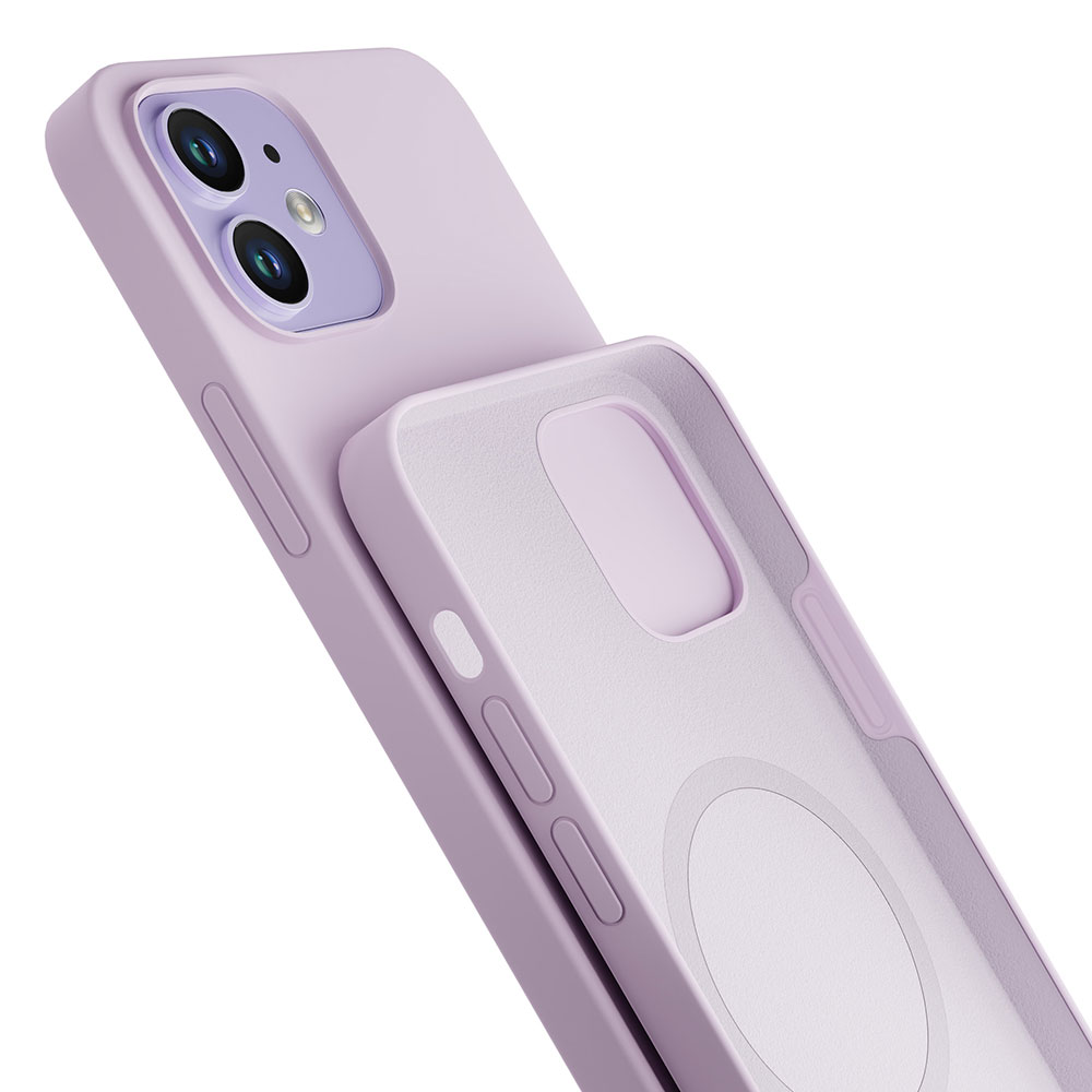 Lawendowe etui na telefon, wnętrze widoczne z magnetycznym wzorem koła.