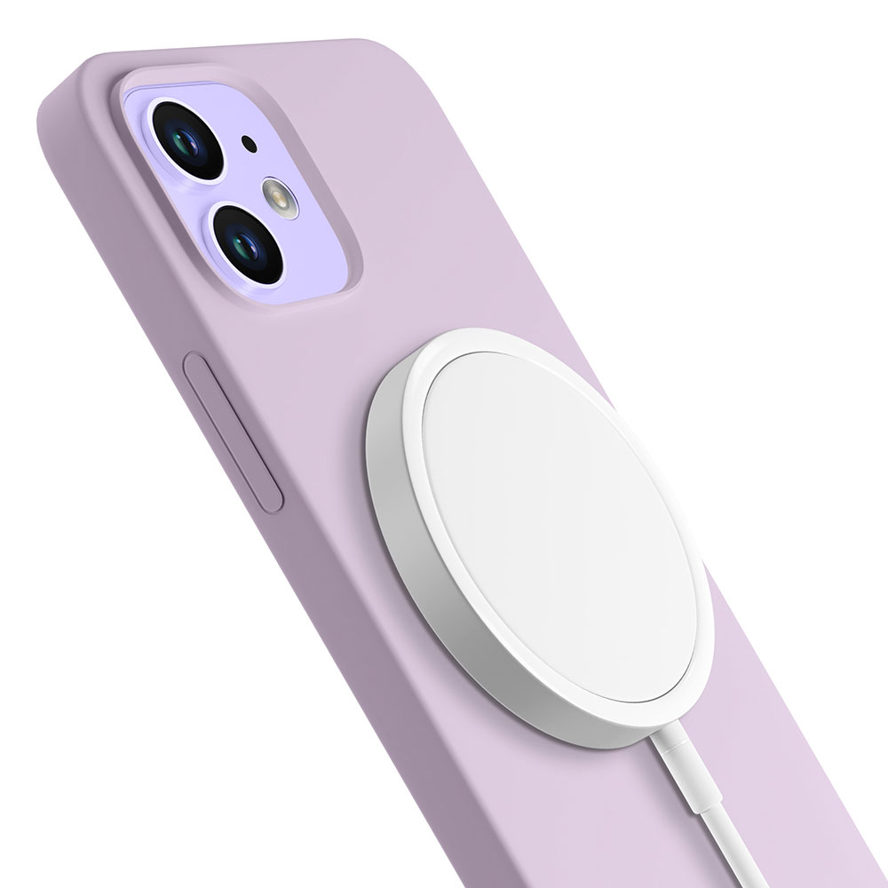 Lawendowe etui na telefon przymocowane do białej ładowarki bezprzewodowej, widoczny kabel.