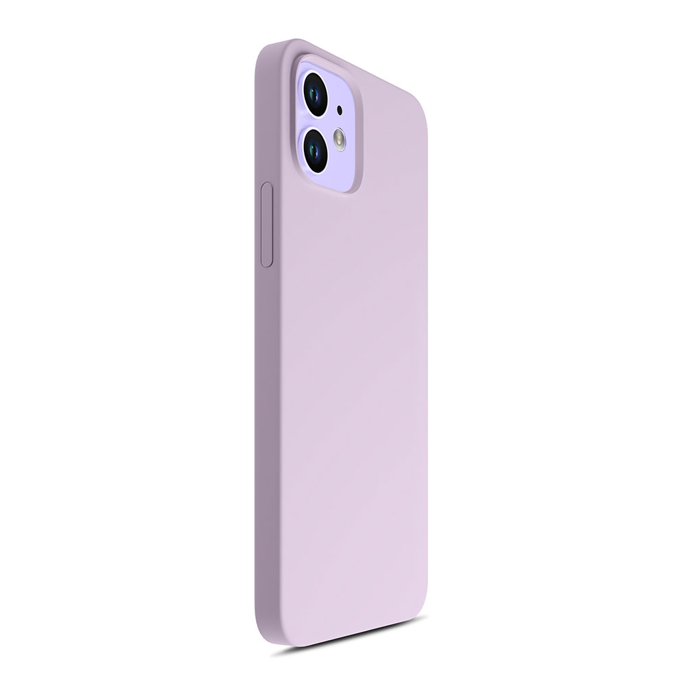 Lawendowe etui na telefon na białym tle. Widok z boku, minimalistyczny design.