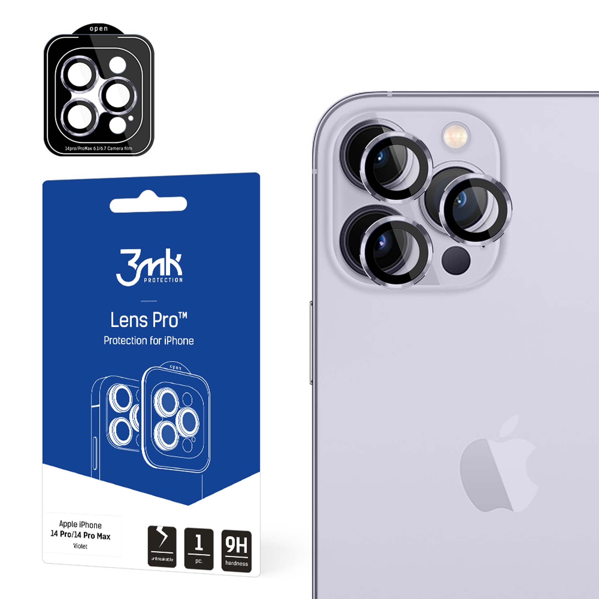 Una confezione di prodotto blu con un telefono accanto che mostra obiettivi con protezioni per fotocamera.