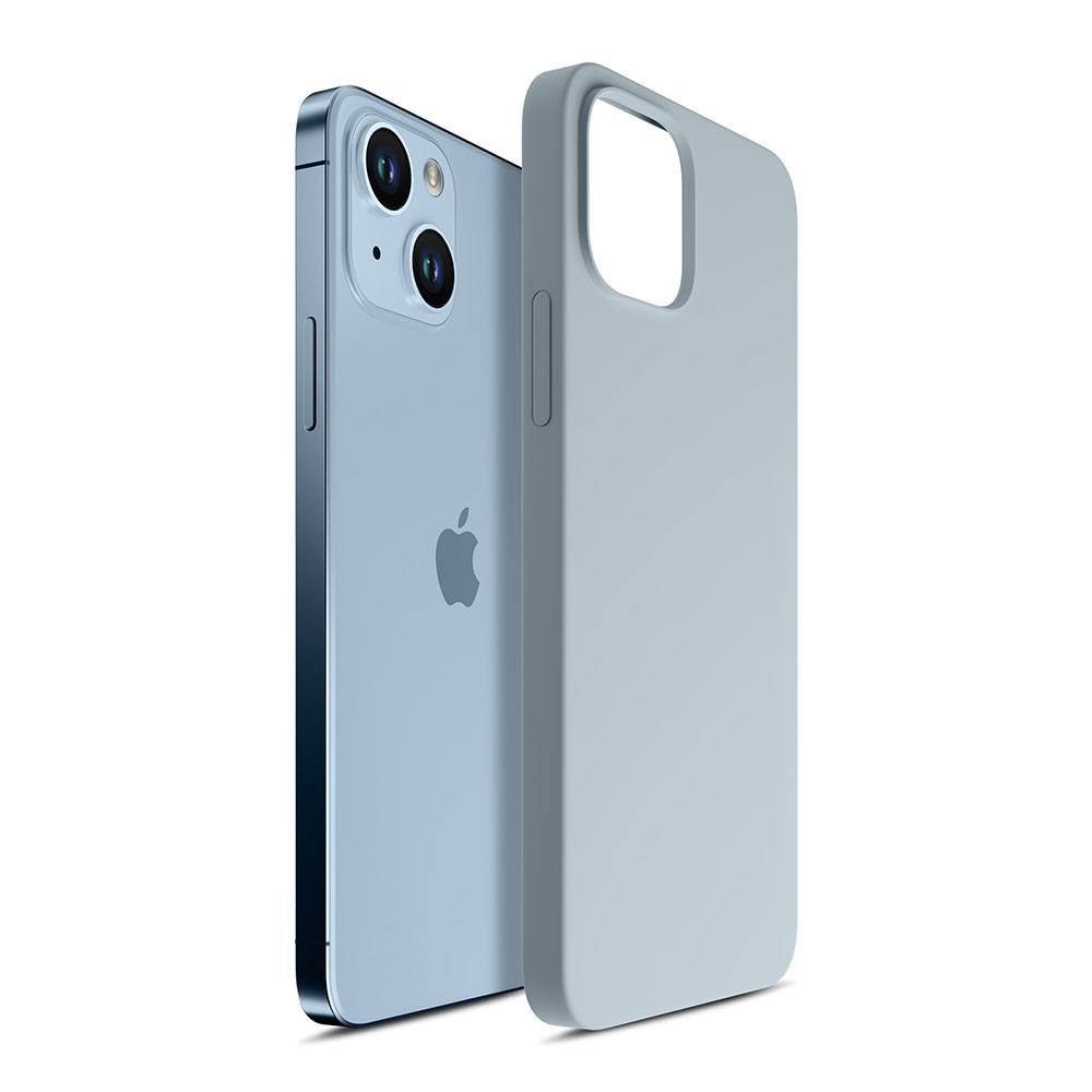 Jasnoniebieski iPhone i jasnoniebieskie etui na telefon są wyświetlane obok siebie na białej powierzchni.