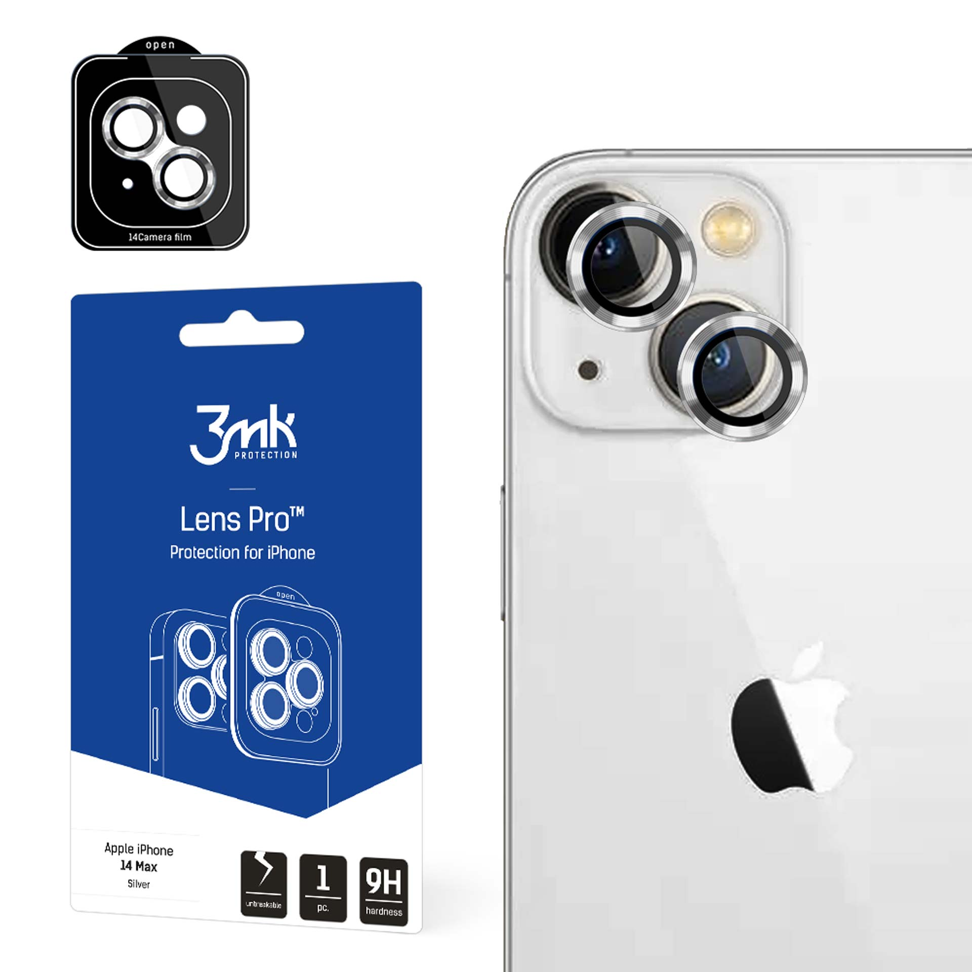 L'immagine mostra le protezioni per l'obiettivo della fotocamera per iPhone 14 Max nella confezione e su un telefono.