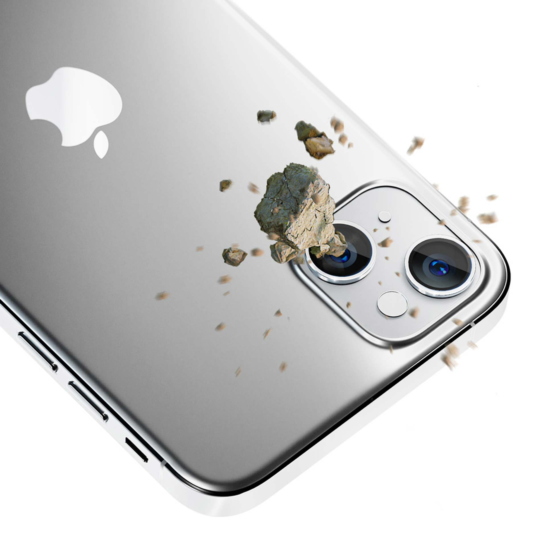 Un iPhone con protezioni per l'obiettivo della fotocamera resiste all'impatto di una roccia, dimostrando durata e protezione dell'obiettivo.