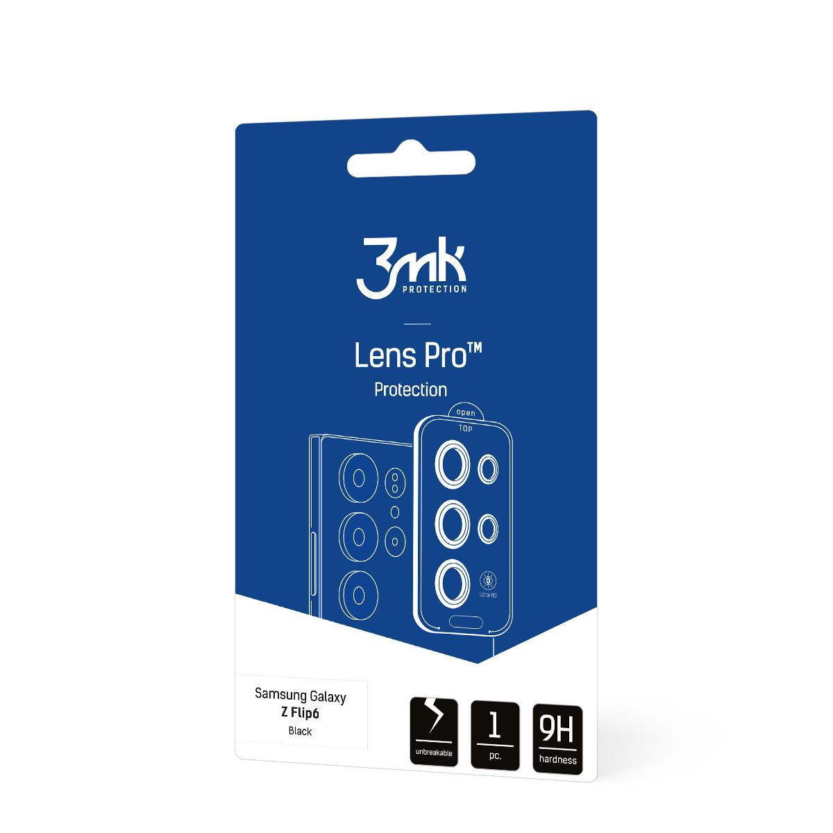 Opakowanie ochrony Samsung Galaxy Z Flip 6 Lens Pro jest wyświetlane na białym tle, prezentując szczegóły produktu.