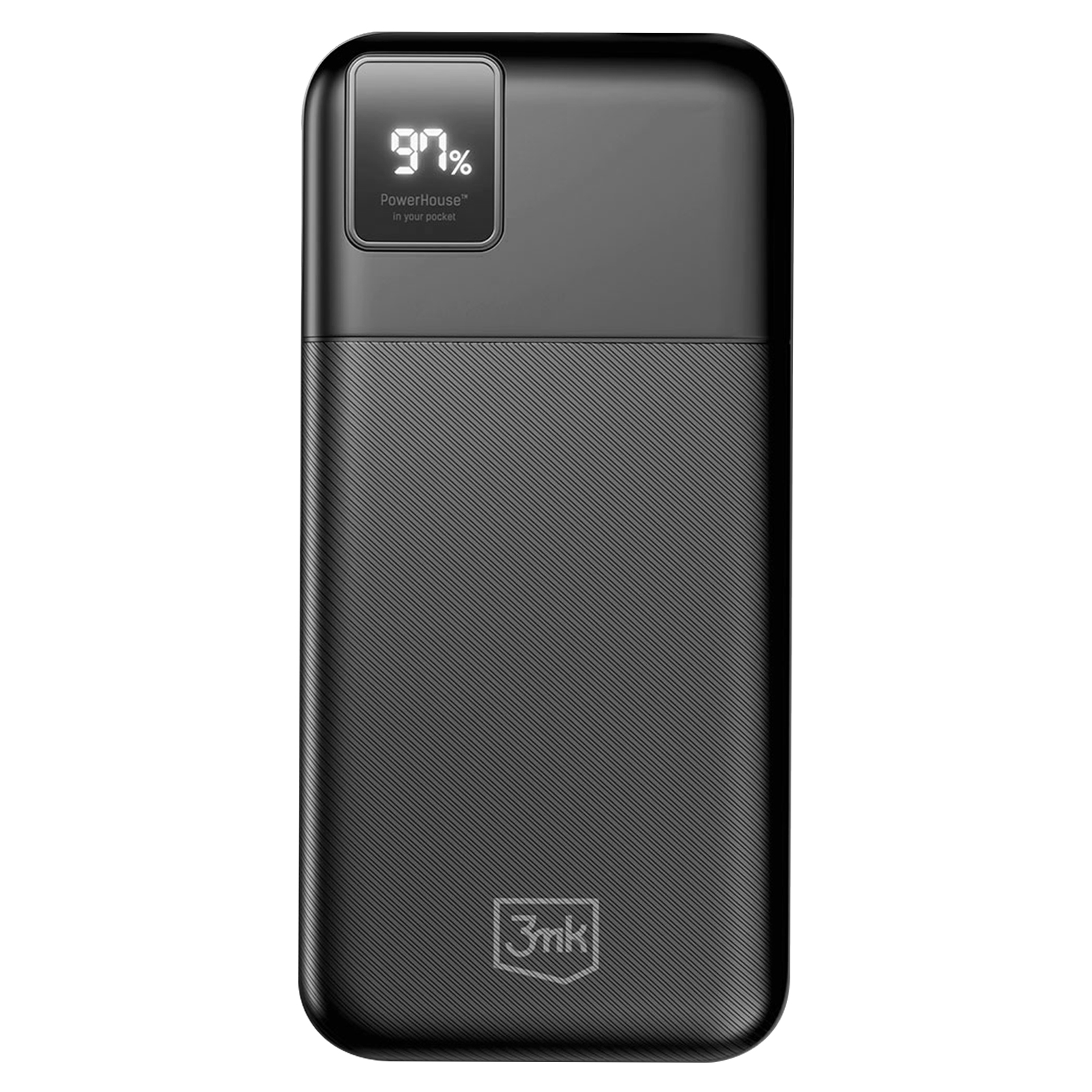 Na białym tle wyświetlany jest czarny power bank wskazujący 97% naładowania.