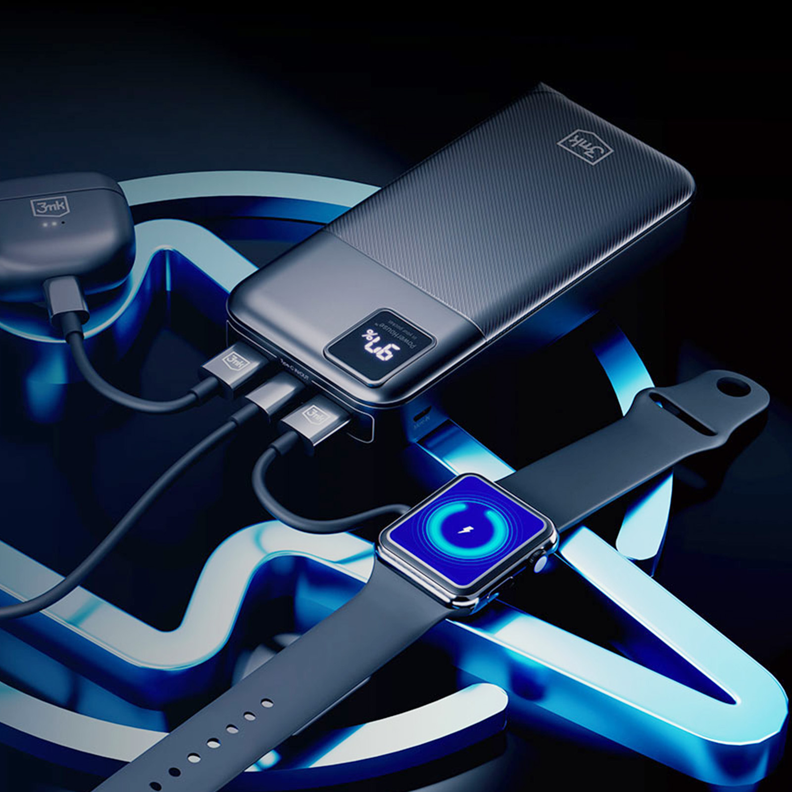 Stacja ładująca z zegarkiem telefonicznym i słuchawkami. Zegarek pokazuje pełne naładowanie.