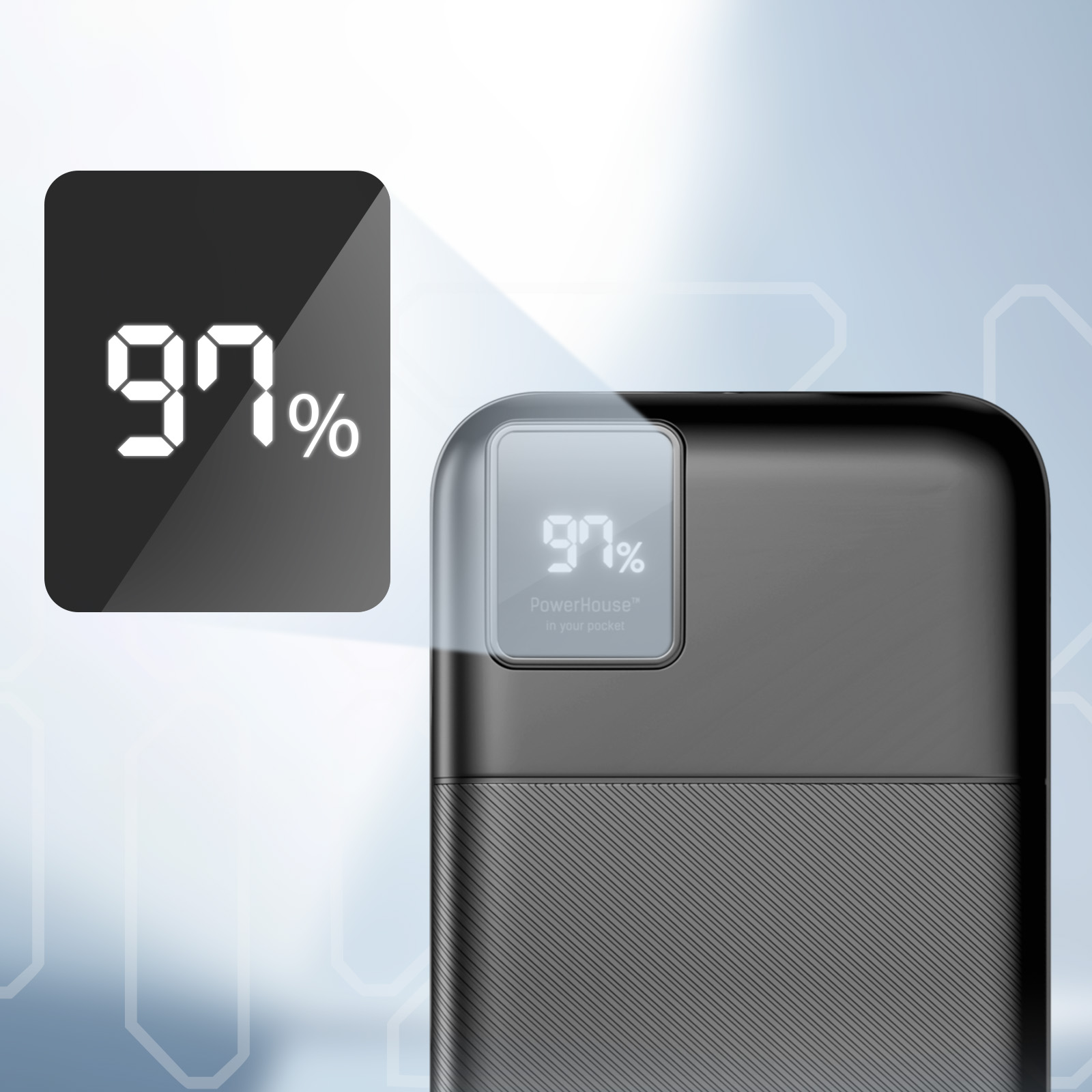 Zbliżenie czarnej przenośnej ładowarki wyświetlającej poziom naładowania 97%.