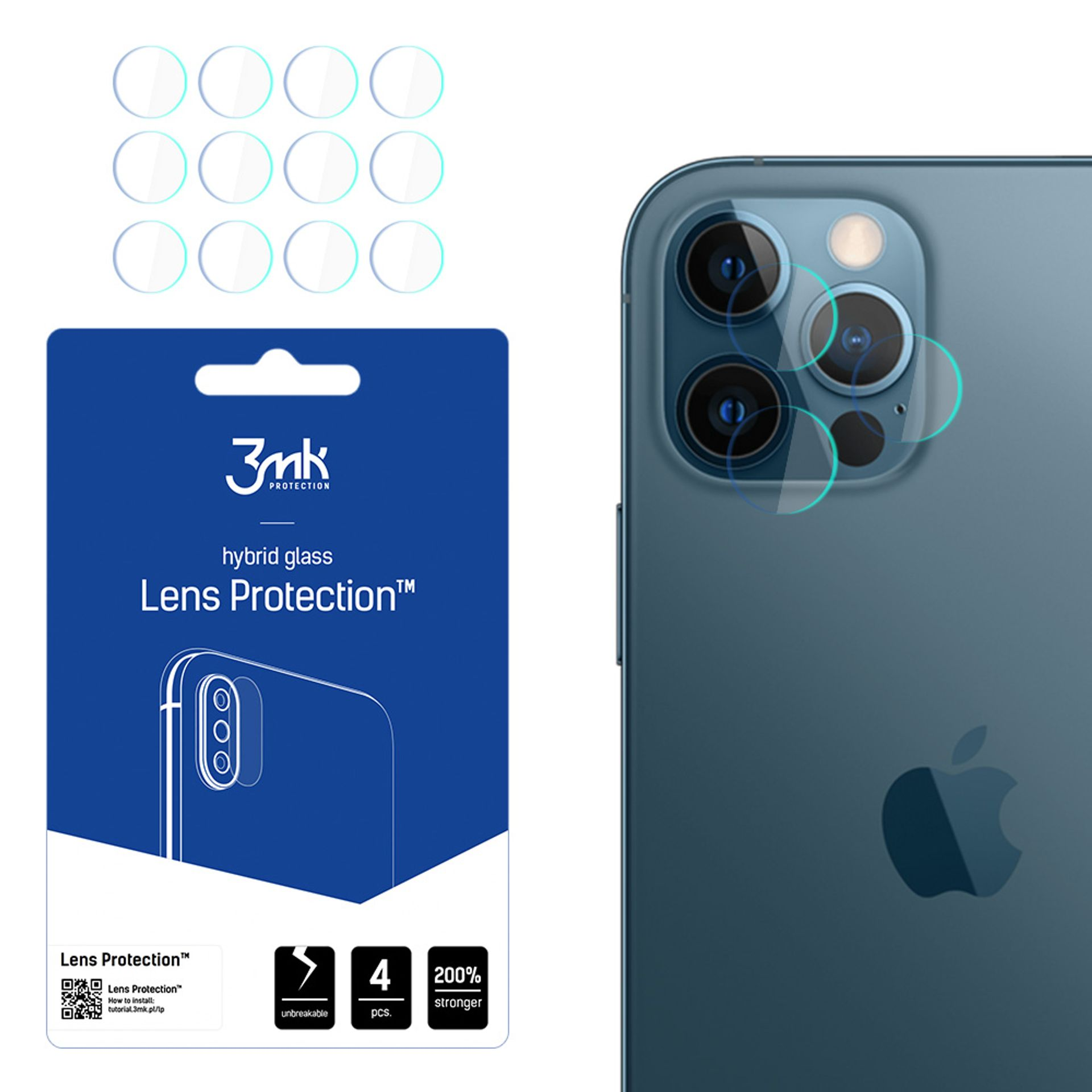 Confezione di protezione per lenti accanto a un telefono blu con protezioni per lenti applicate.