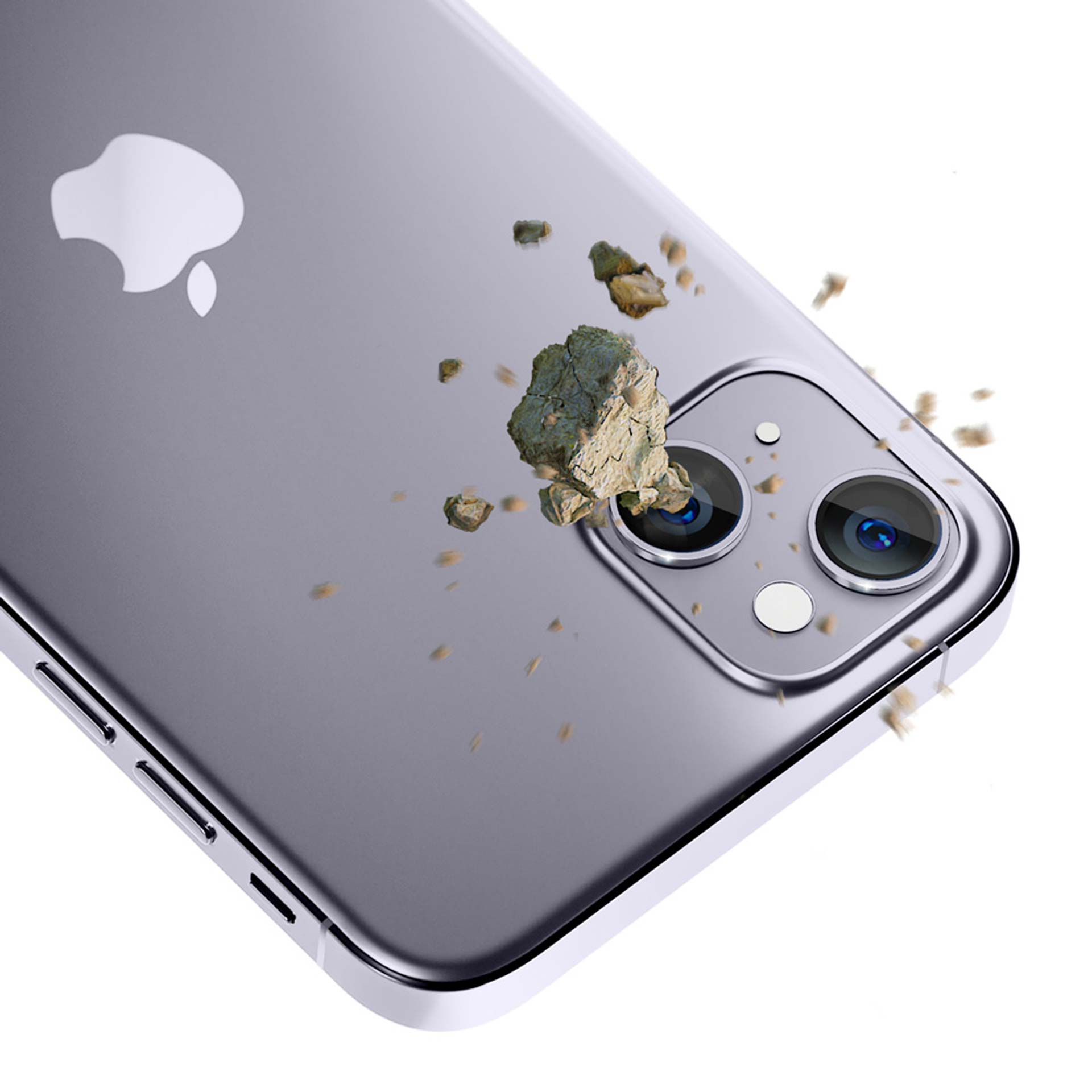 Viene mostrato un telefono argentato con detriti che cadono attorno alle lenti della fotocamera.