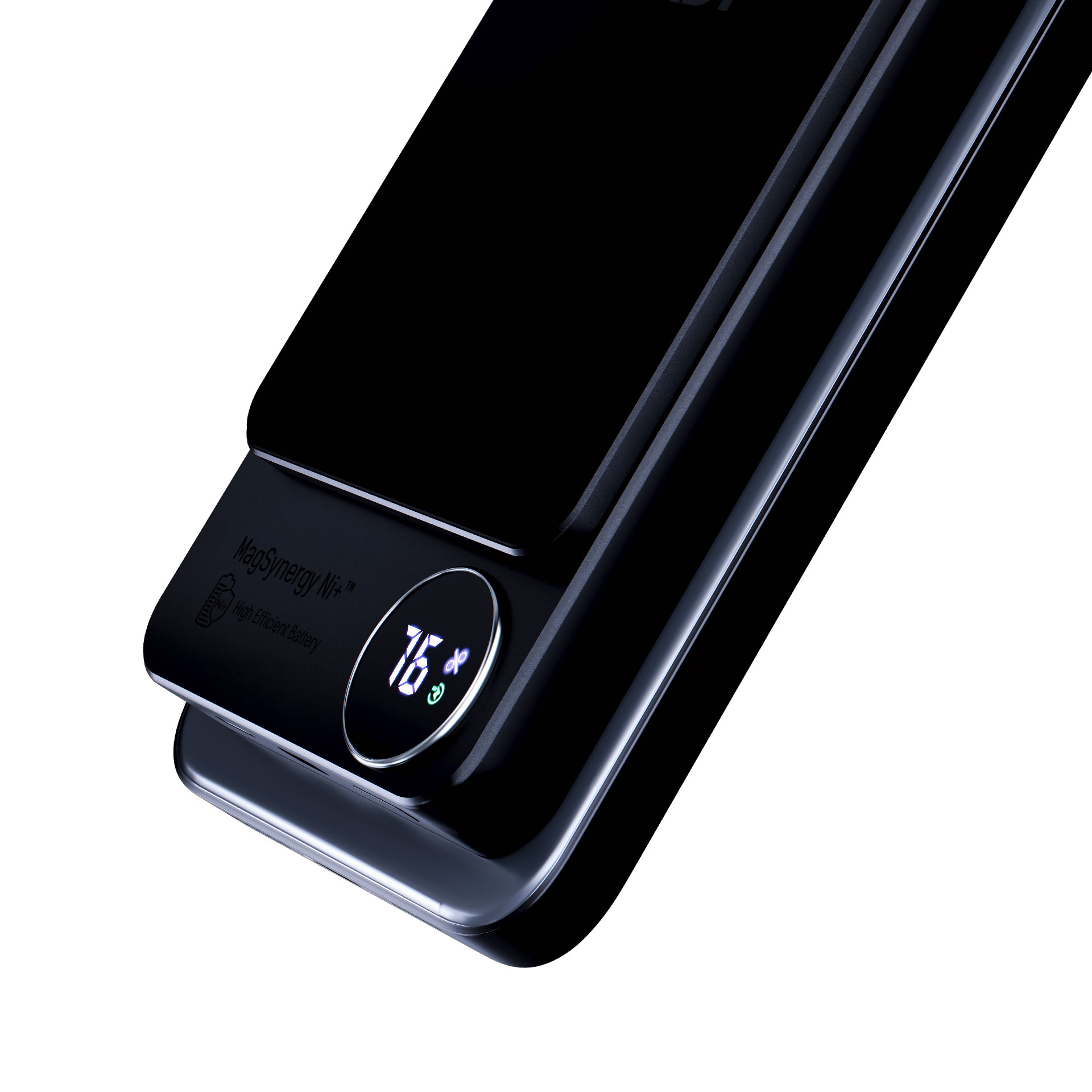 Czarny power bank z cyfrowym wyświetlaczem pokazującym poziom naładowania baterii 76%.