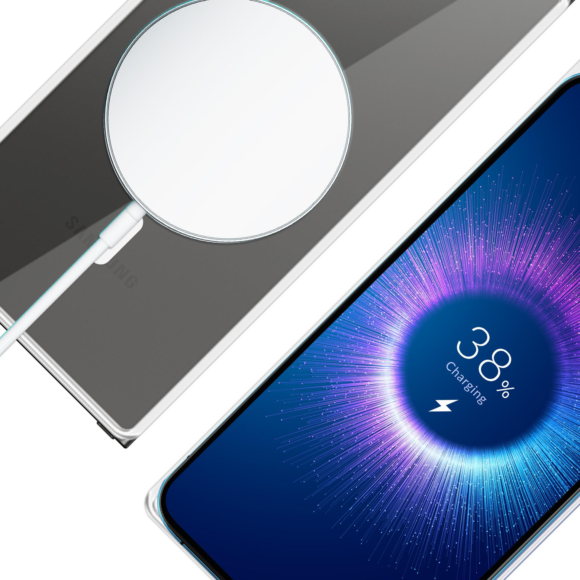 Obraz przedstawia telefon ładujący się bezprzewodowo, wyświetlający ekran ładowania z poziomem naładowania baterii 38%.