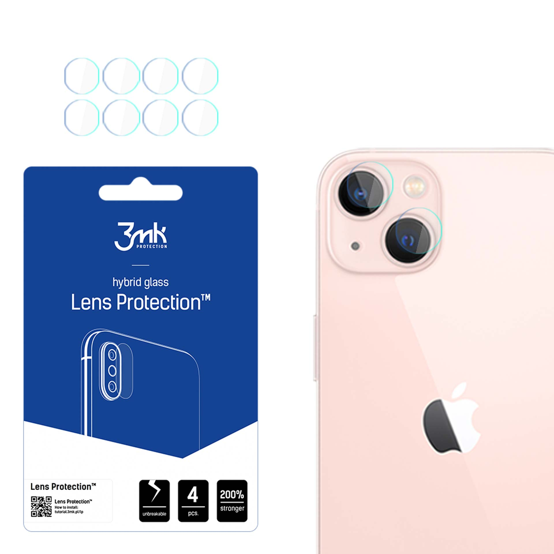 iPhone 13 con protezioni per l'obiettivo applicate al suo sistema a doppia fotocamera; confezione del prodotto mostrata a sinistra.