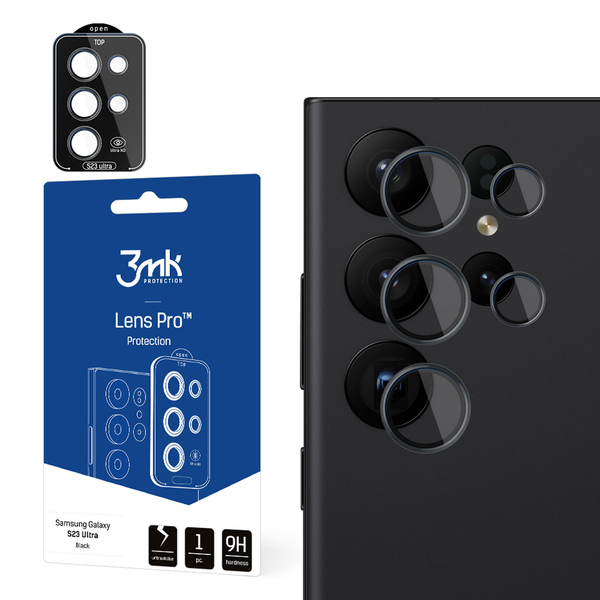 Samsung Galaxy S23 Ultra z nałożonymi osłonami obiektywów, obok opakowania 3mk Lens Pro.