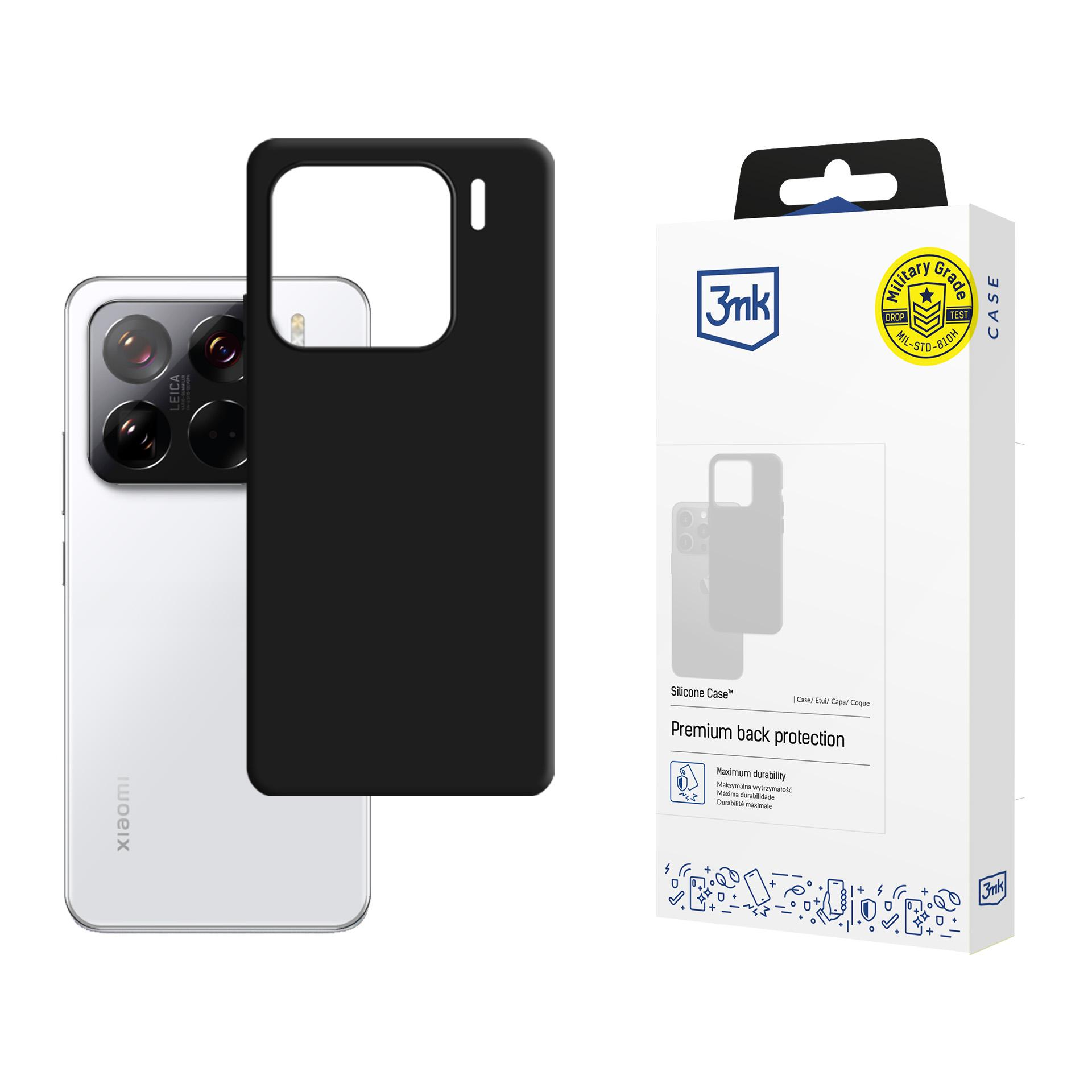 Obraz przedstawia telefon w czarnym etui obok pudełka 3mk Silicone Case.