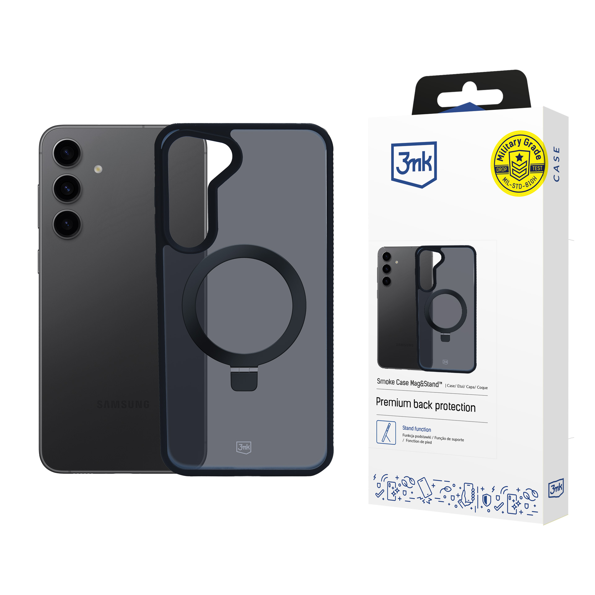 Obraz przedstawia telefon w czarnym etui Smoke Case MagSafe obok pudełka 3mk Smoke Case MagSafe.
