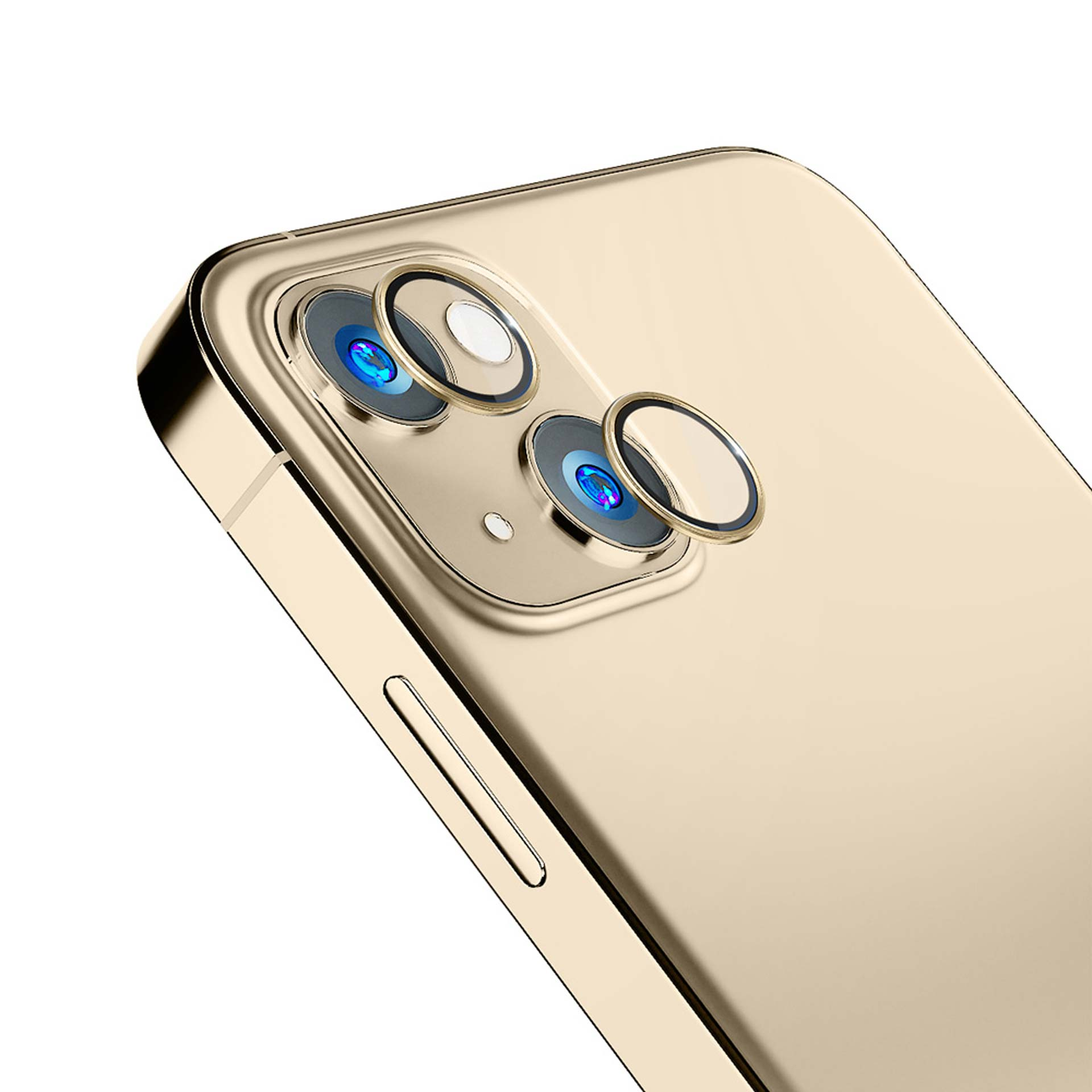 Primo piano delle protezioni per l'obiettivo su un iPhone dorato, evidenziando la protezione della fotocamera e la chiarezza.