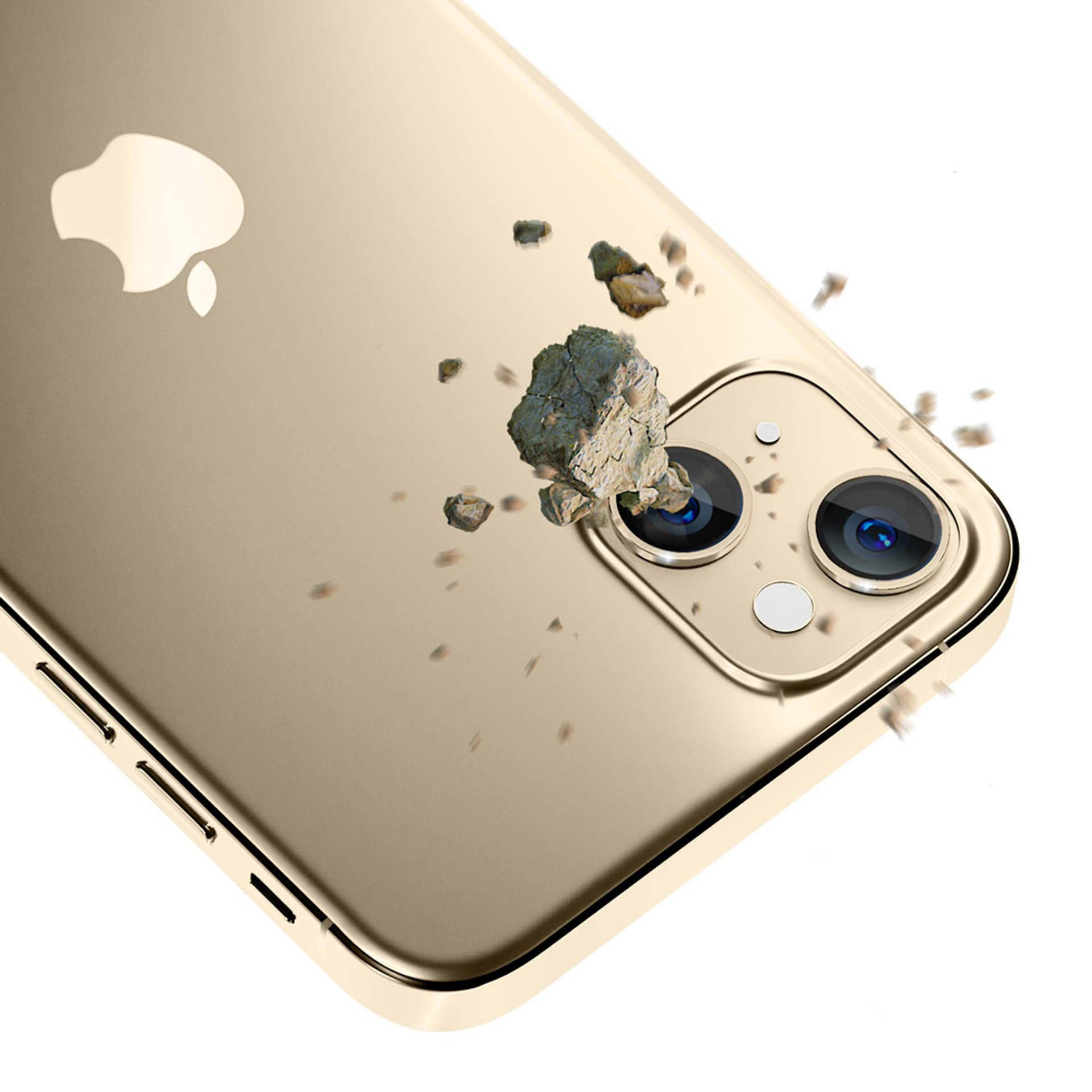 iPhone dorato con protezioni per l'obiettivo in fase di test, che mostra la resistenza agli urti contro i detriti in caduta.