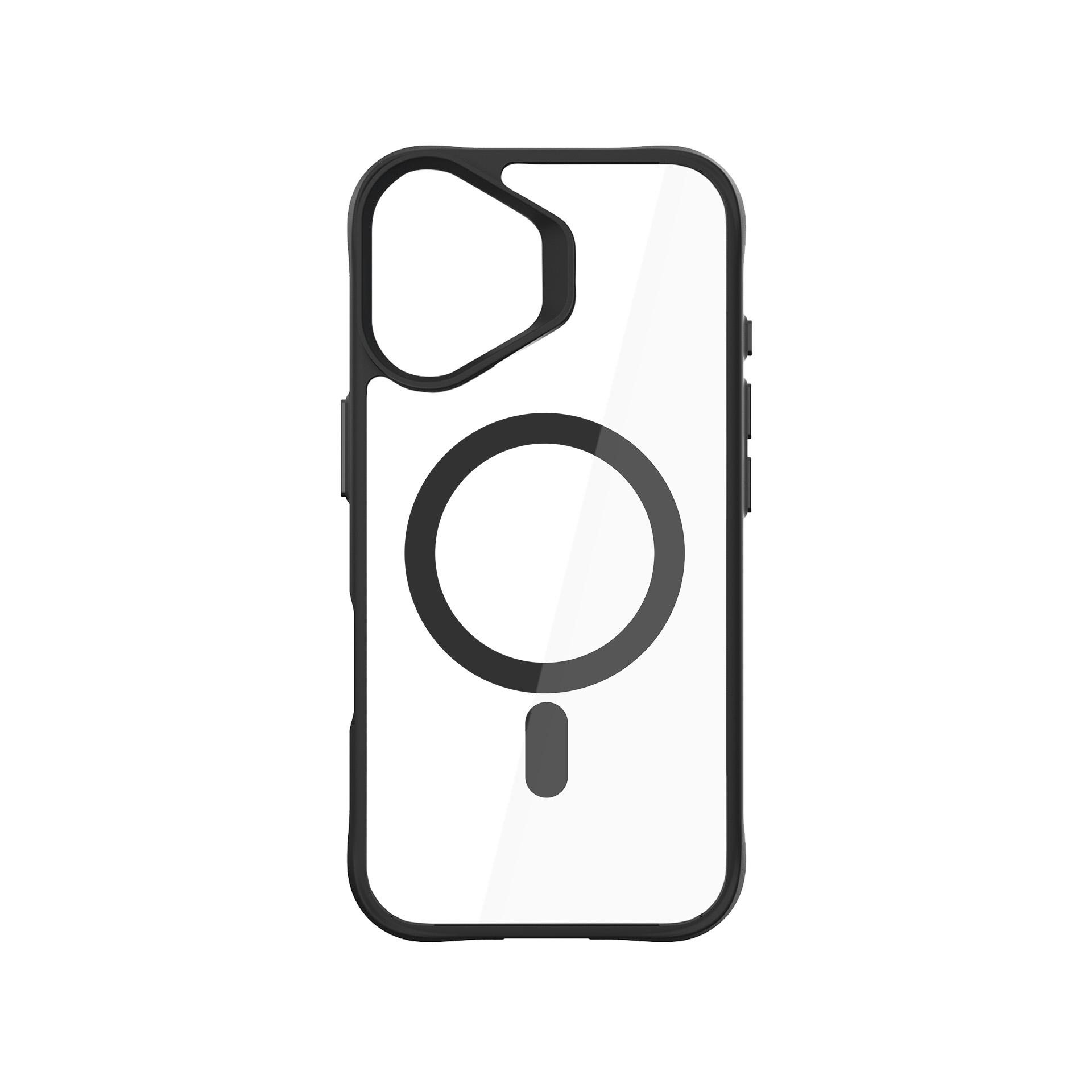 Przezroczyste etui na iPhone'a z czarnym pierścieniem MagSafe jest pokazane na białym tle.
