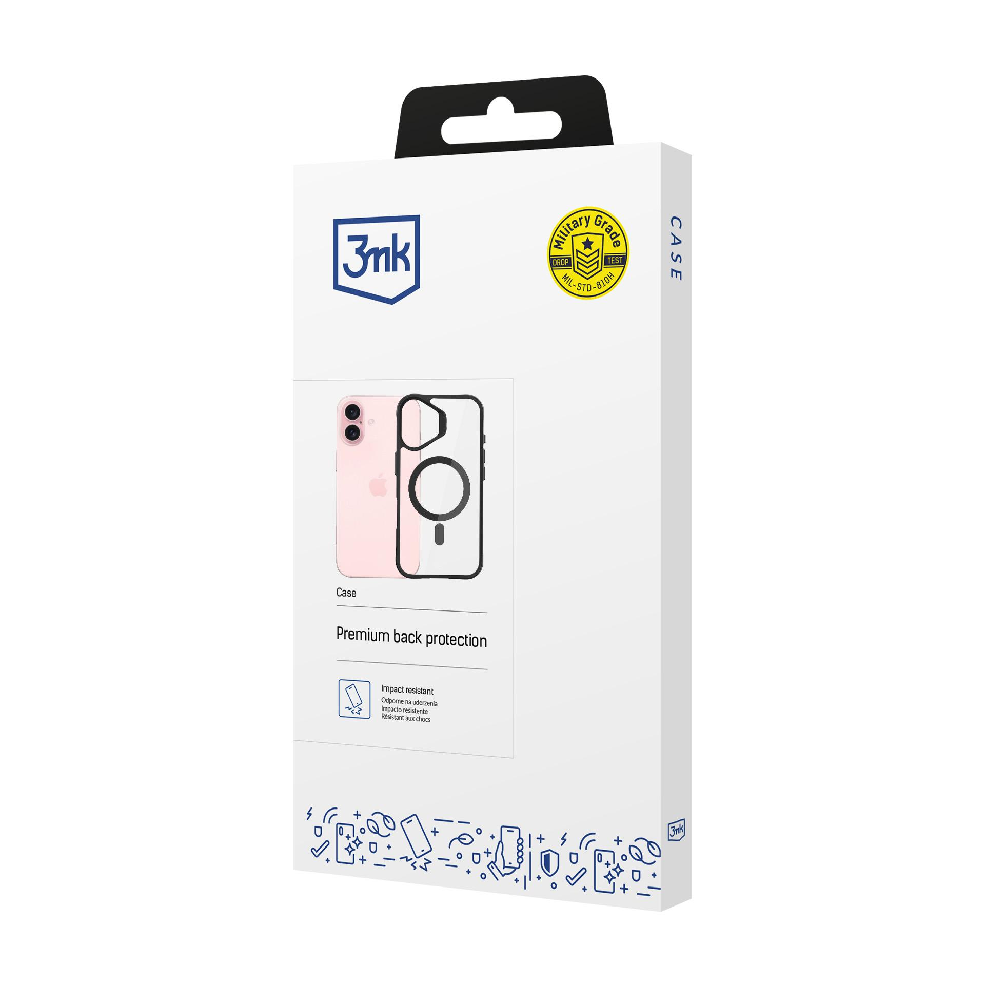 Białe pudełko prezentuje etui na telefon i różowego iPhone'a z kompatybilnością MagSafe.