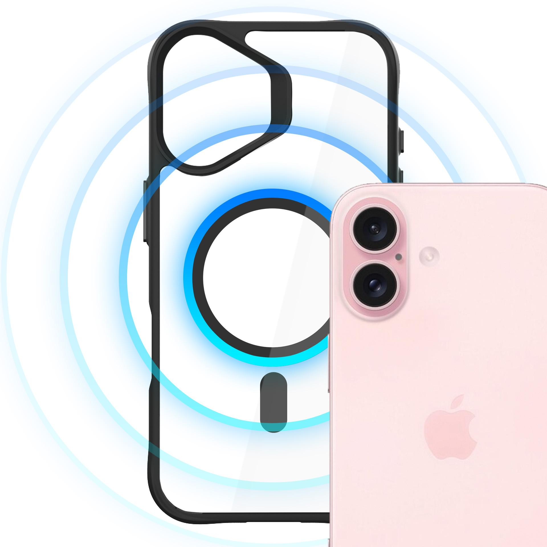 Różowy iPhone obok przezroczystego etui MagSafe z animowanymi falami ładowania.