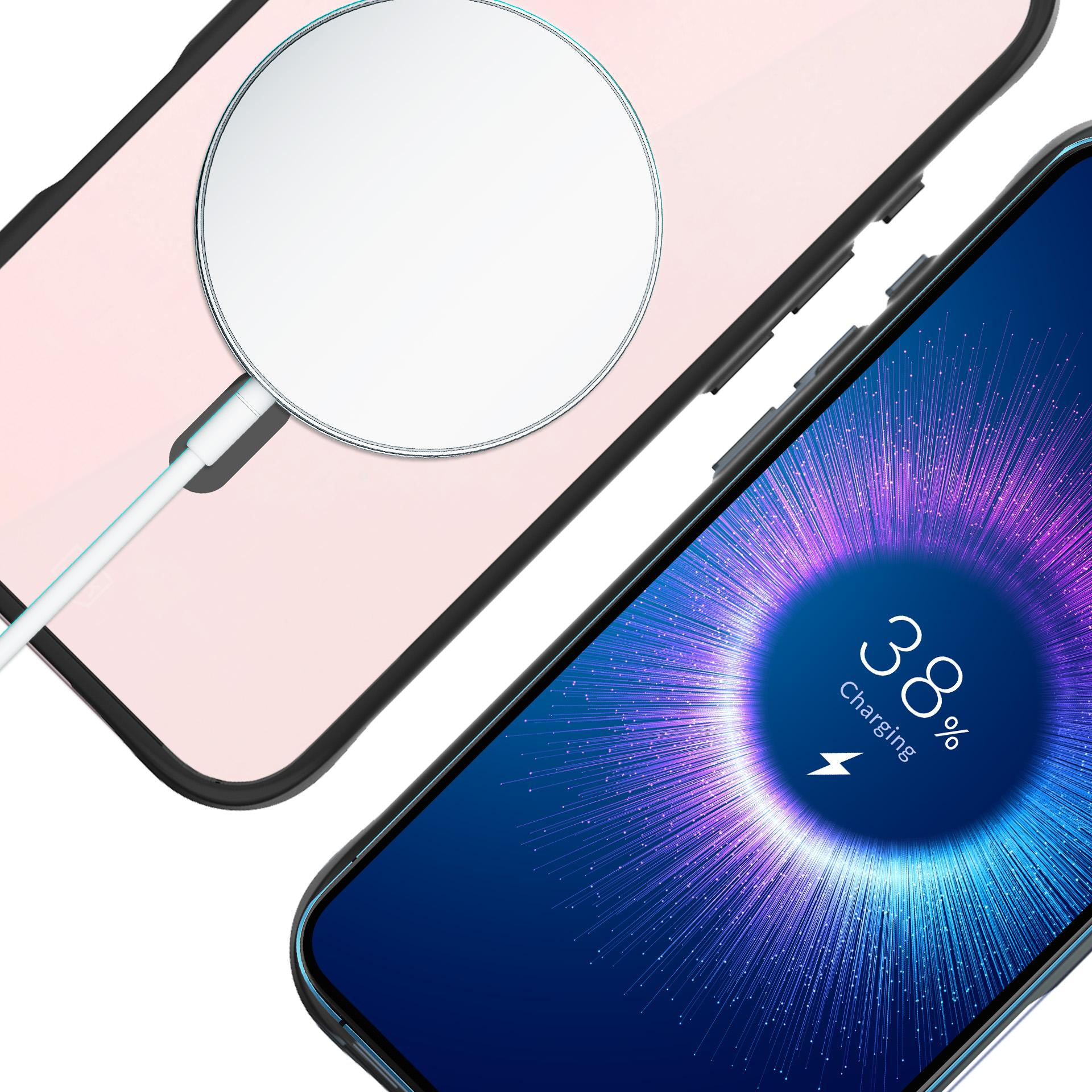 Telefon ładuje się bezprzewodowo za pomocą MagSafe, pokazując ekran ładowania na poziomie 38%.