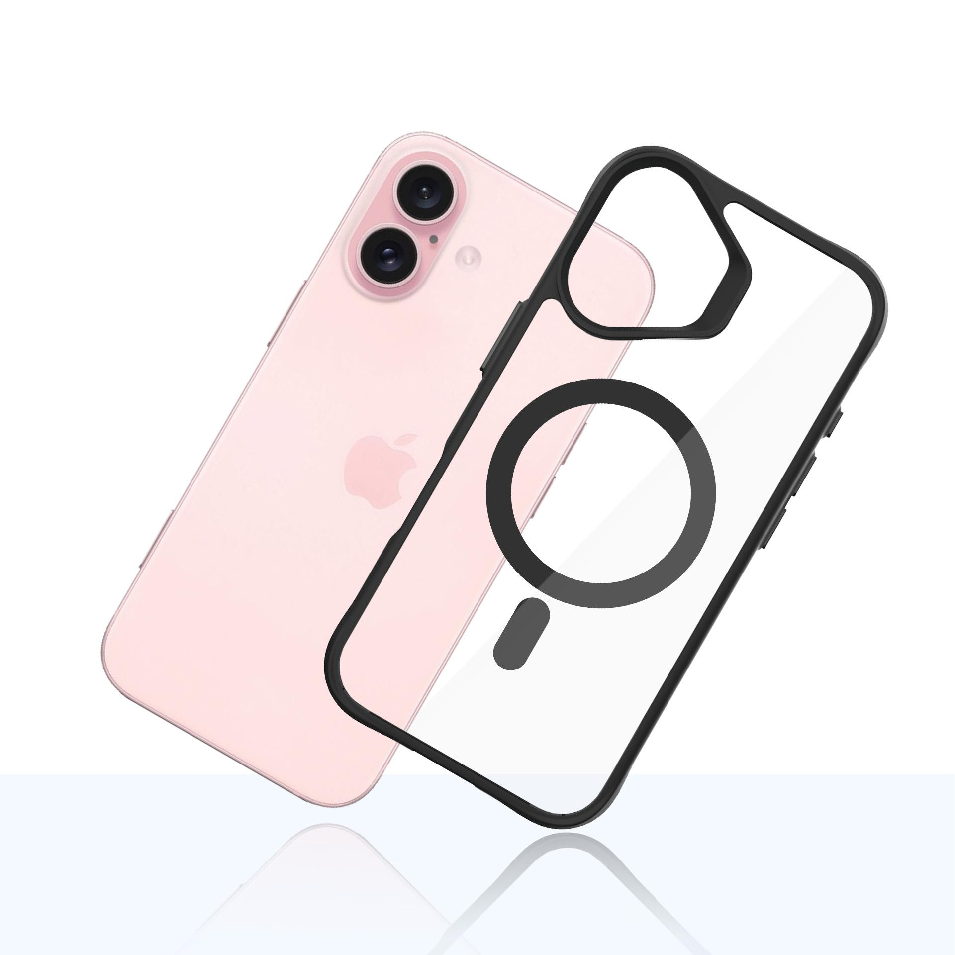 Różowy telefon obok przezroczystego etui z czarną ramką. Telefon jest lekko pochylony.