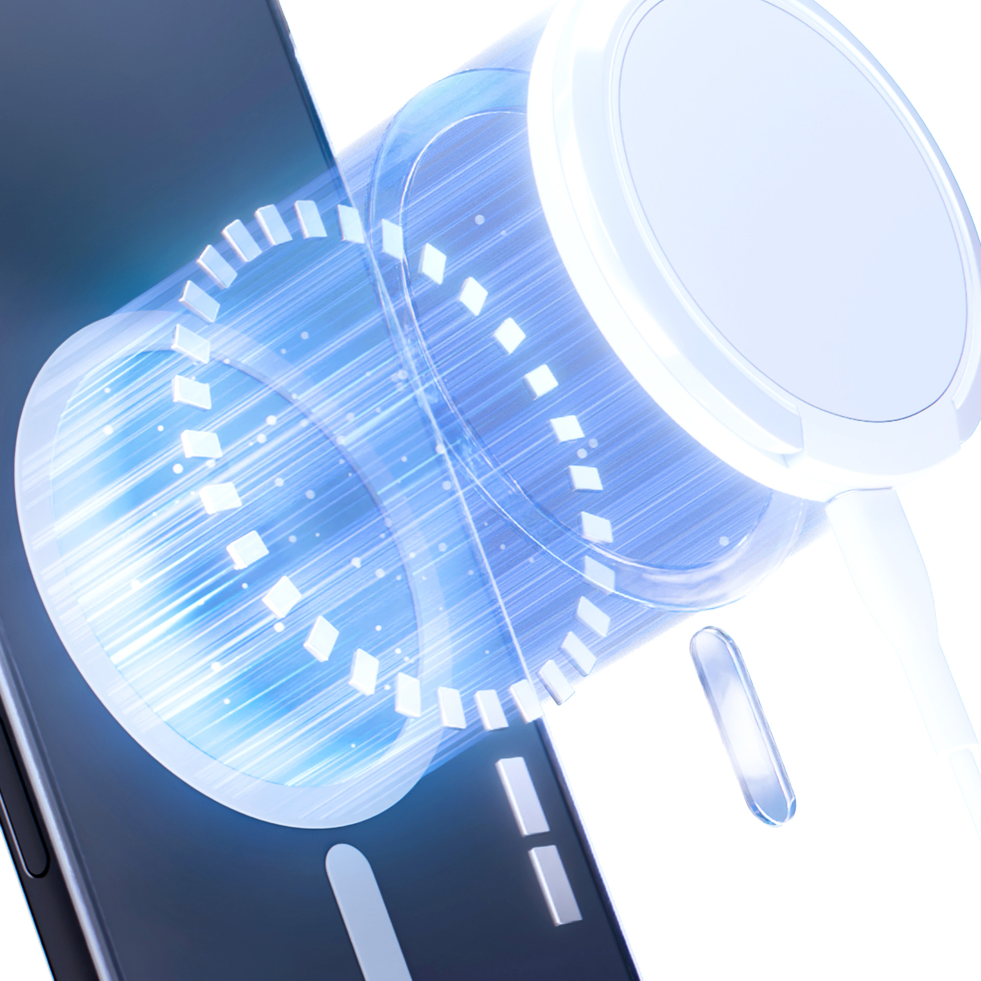 Telefon z podkładką ładującą. Telefon jest przezroczysty i świeci niebieską energią.