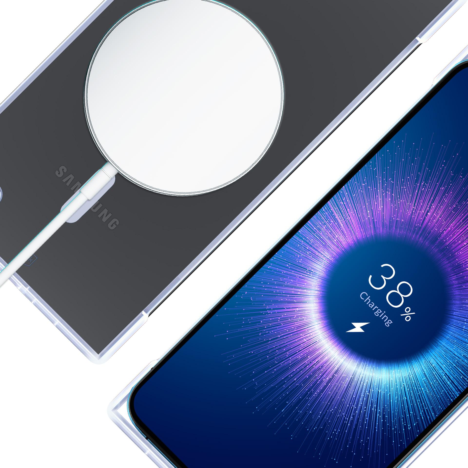Telefon w trakcie ładowania, z białą podkładką ładującą na przezroczystym etui, ekran pokazuje 38% ładowania.