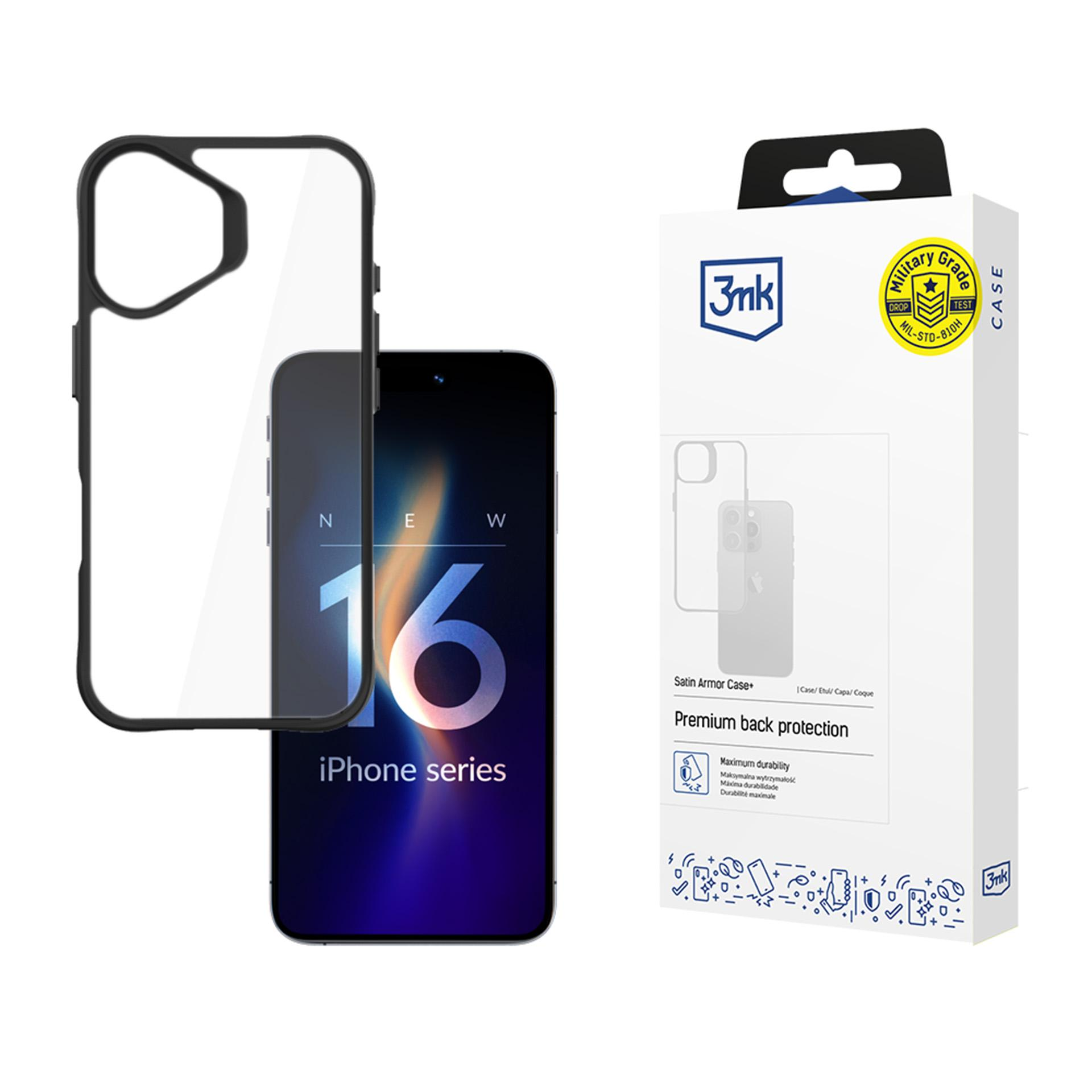 Przezroczyste etui i iPhone 16. Etui ma czarną ramkę.