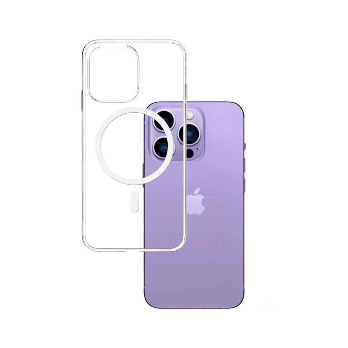 Una custodia trasparente per telefono è accanto a un telefono viola con il logo Apple. Lo sfondo è bianco semplice.