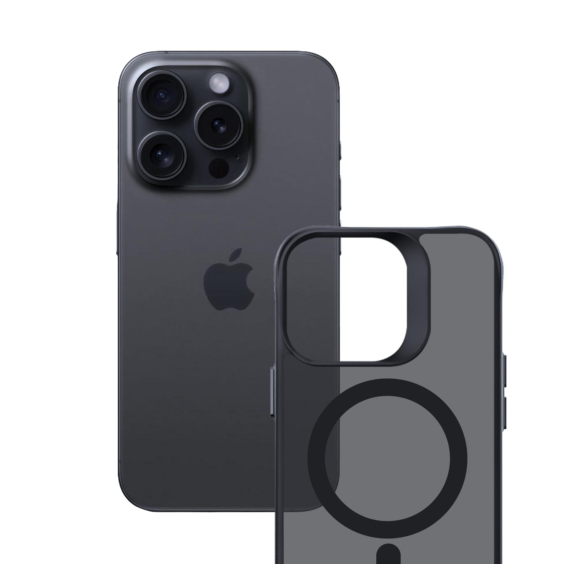 Ciemnoszary iPhone z etui. Etui jest ciemnoszare i ma okrąg.